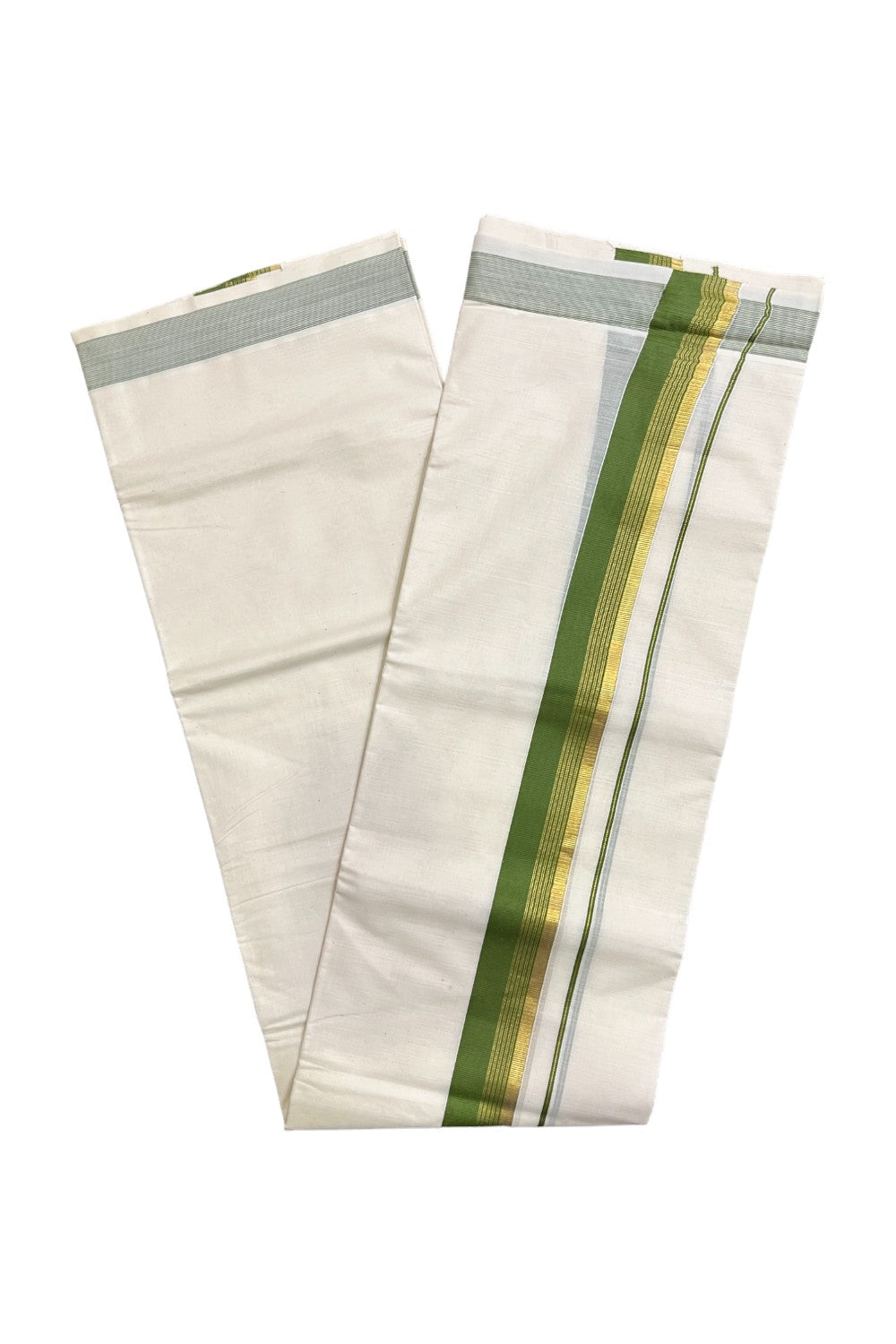 Kerala Pure Cotton Double Mundu with Olive Green and Kasavu Border (South Indian Kerala Dhoti)