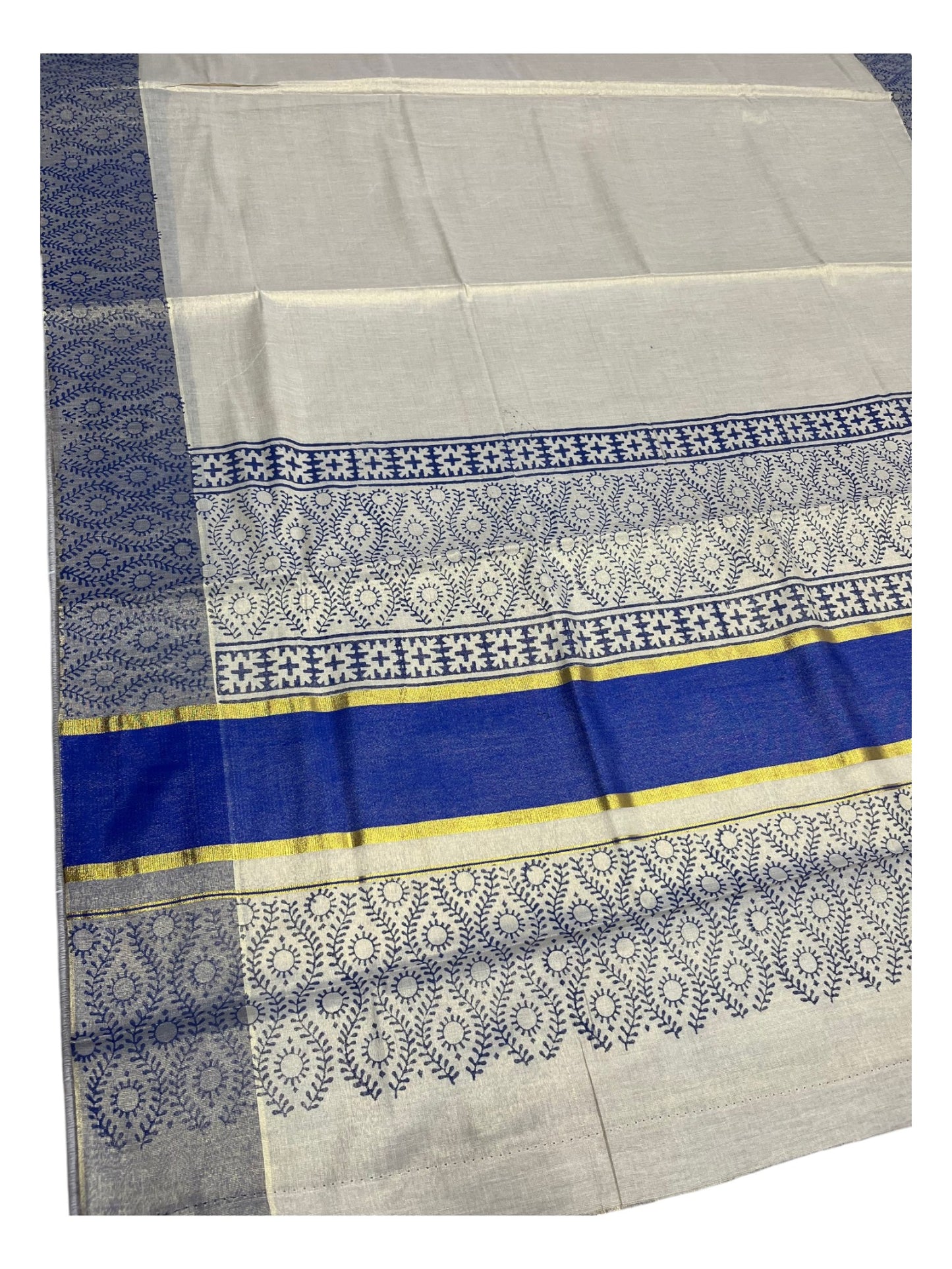 Southloom Tissue Kerala Kasavu Saree with Block Print on Body and Borders in Blue