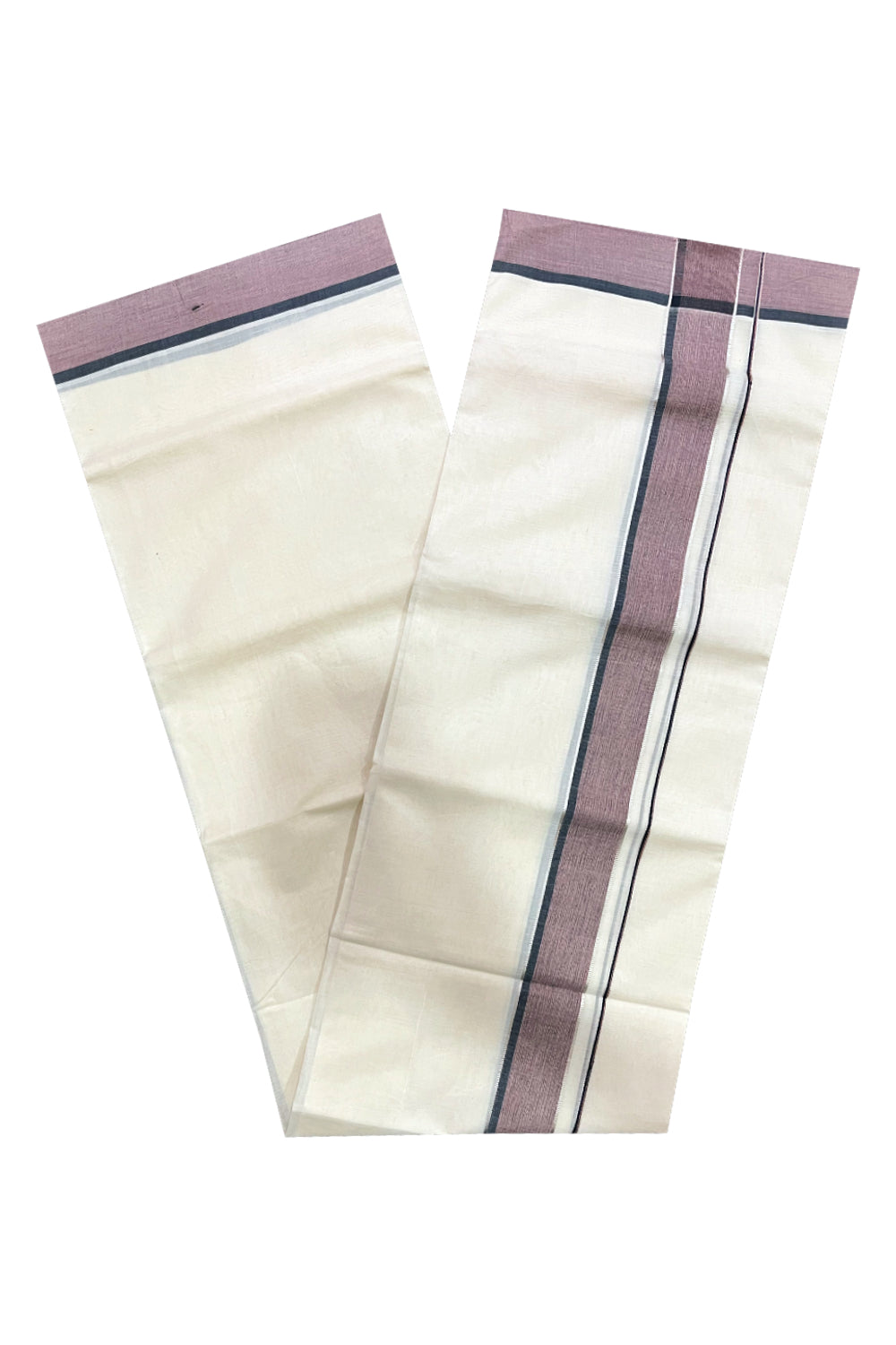 Pure Cotton 100x100 Double Mundu with Silver Kasavu and Black Brown Border (South Indian Kerala Dhoti)