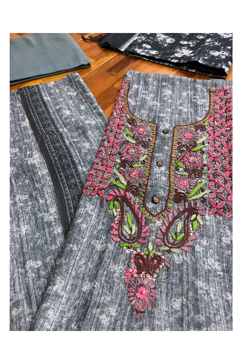 Southloom™ Semi Tussar Churidar Salwar Suit Material in Grey with Floral Thread Works