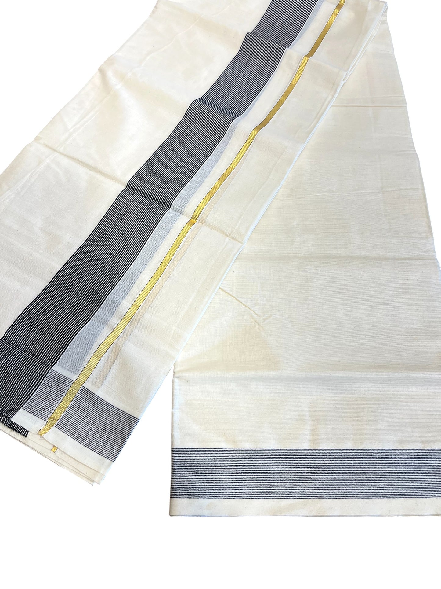 Southloom Kerala Pure Cotton Double Mundu with Gold Lines & Black Border (South Indian Dhoti)
