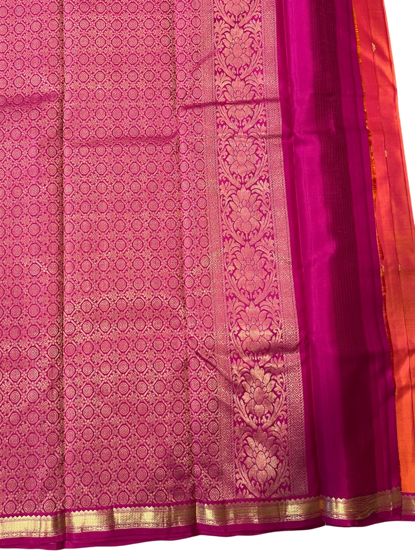 Southloom Pure Handloom Bridal Kanchipuram Silk Saree with Korvai Work (Orange & Magenta )