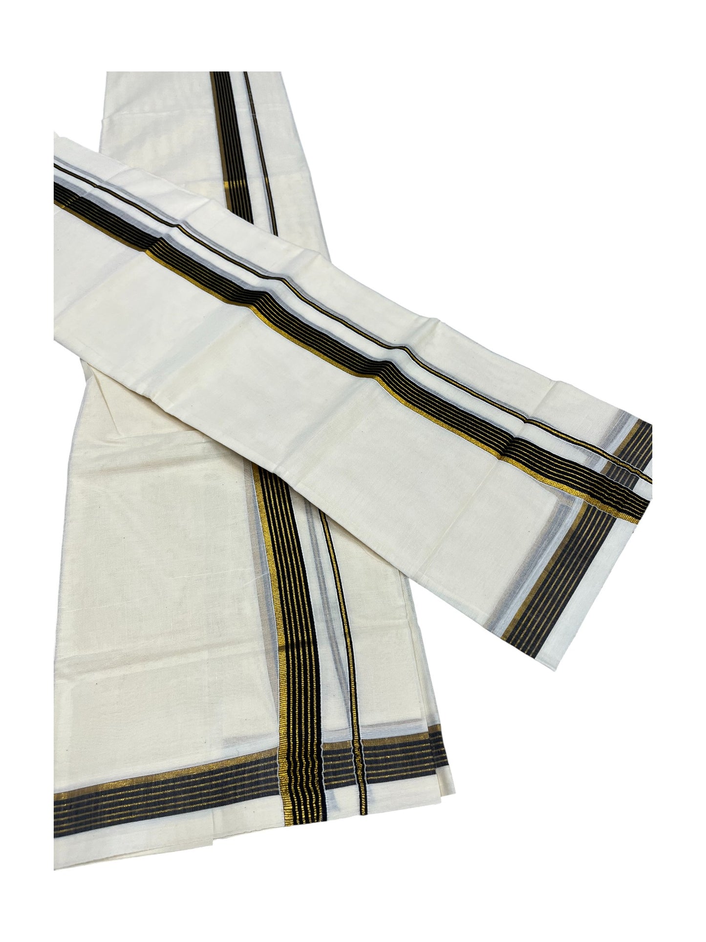 Pure Cotton Kerala Single Set Mundu (Mundum Neriyathum) with Black Kasavu Border in 2.80 Mtrs