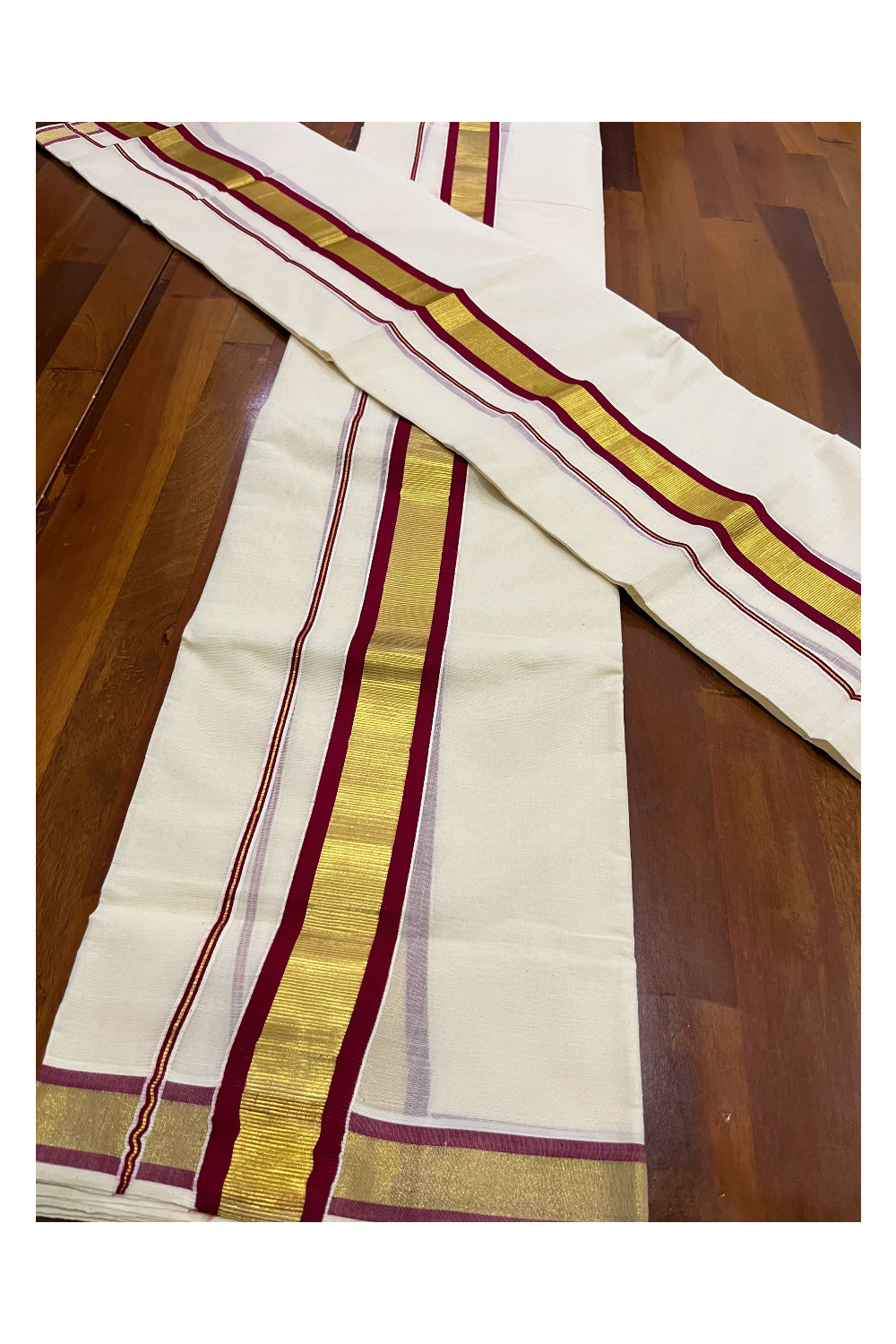 Pure Cotton Mundum Neriyathum Double (Set Mundu) with Maroon and Kasavu Border 2.80 Mtrs