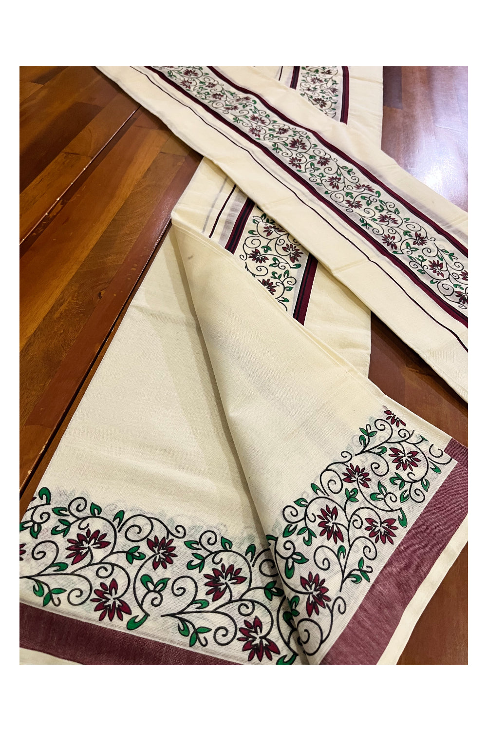 Kerala Cotton Set Mundu Single (Mundum Neriyathum) with Maroon Floral Block Printed Border