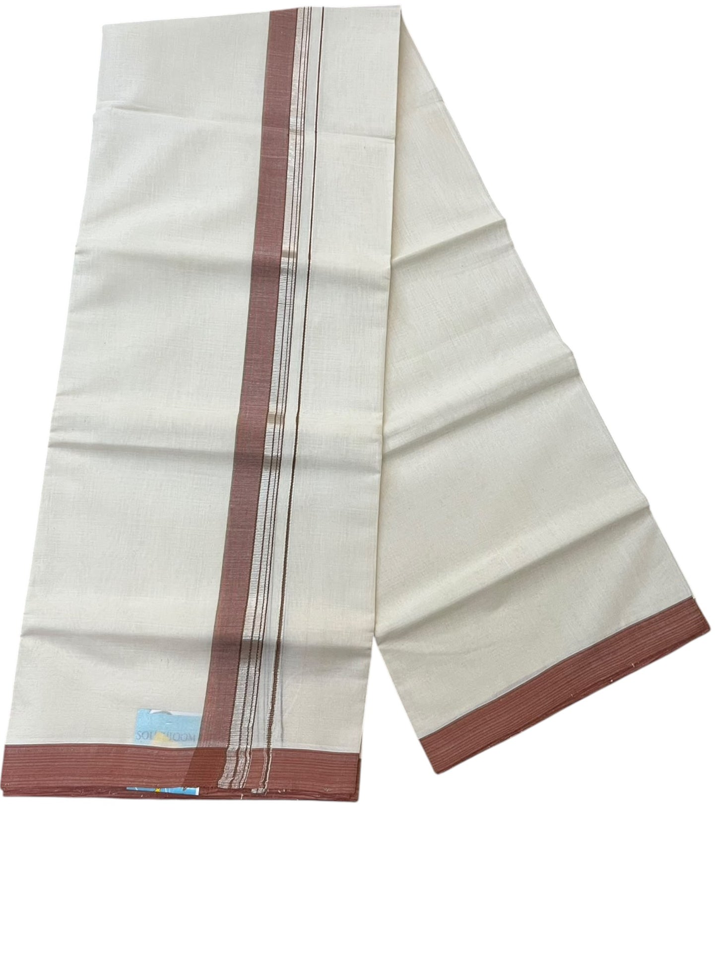 Southloom Balaramapuram Unakkupaavu Premium Handloom Cotton Double Mundu with Silver Lines and Brown Border