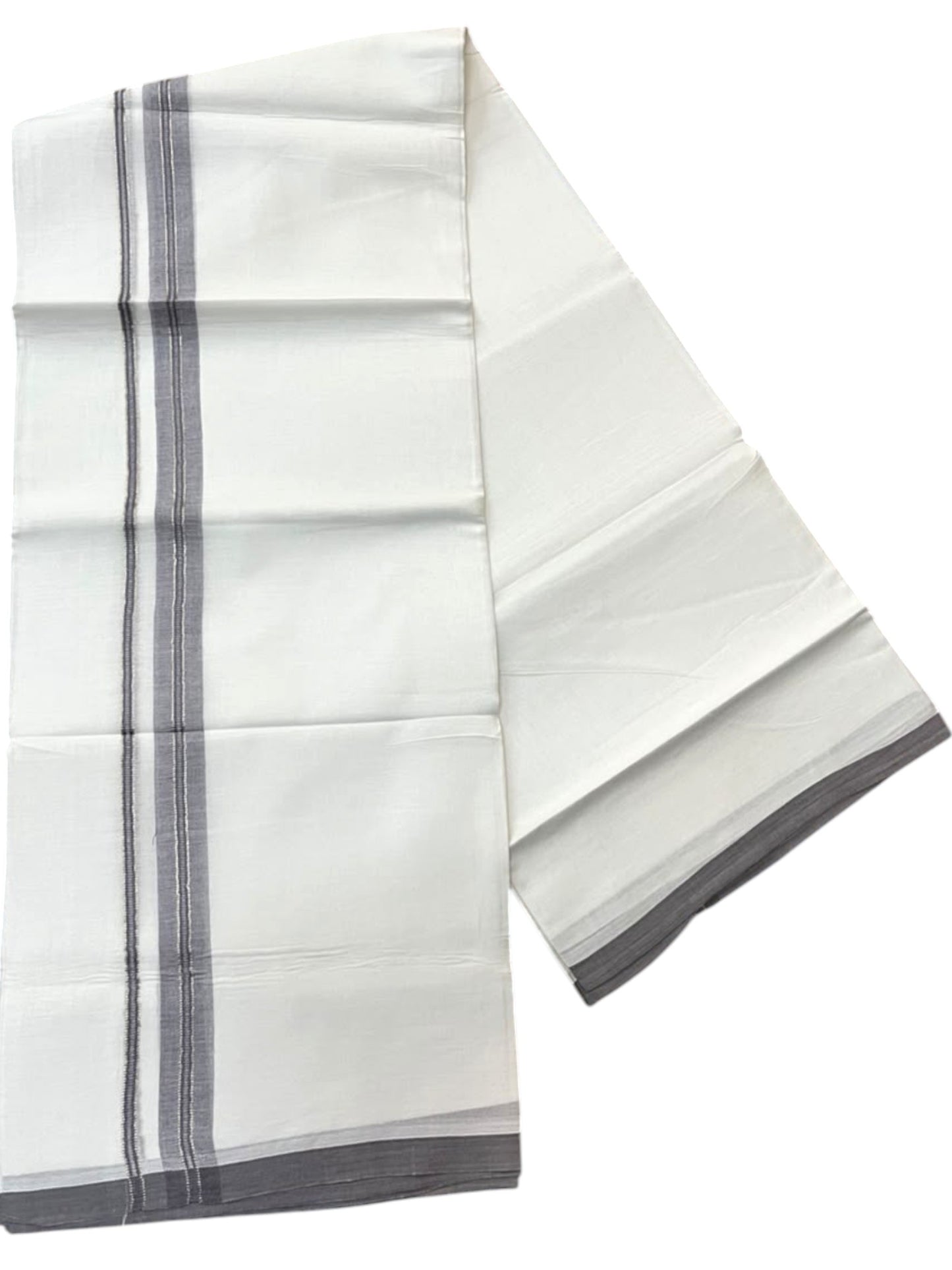 Southloom Pure White Cotton Mundu with Grey & Silver Line Border (South Indian Kerala Dhoti)