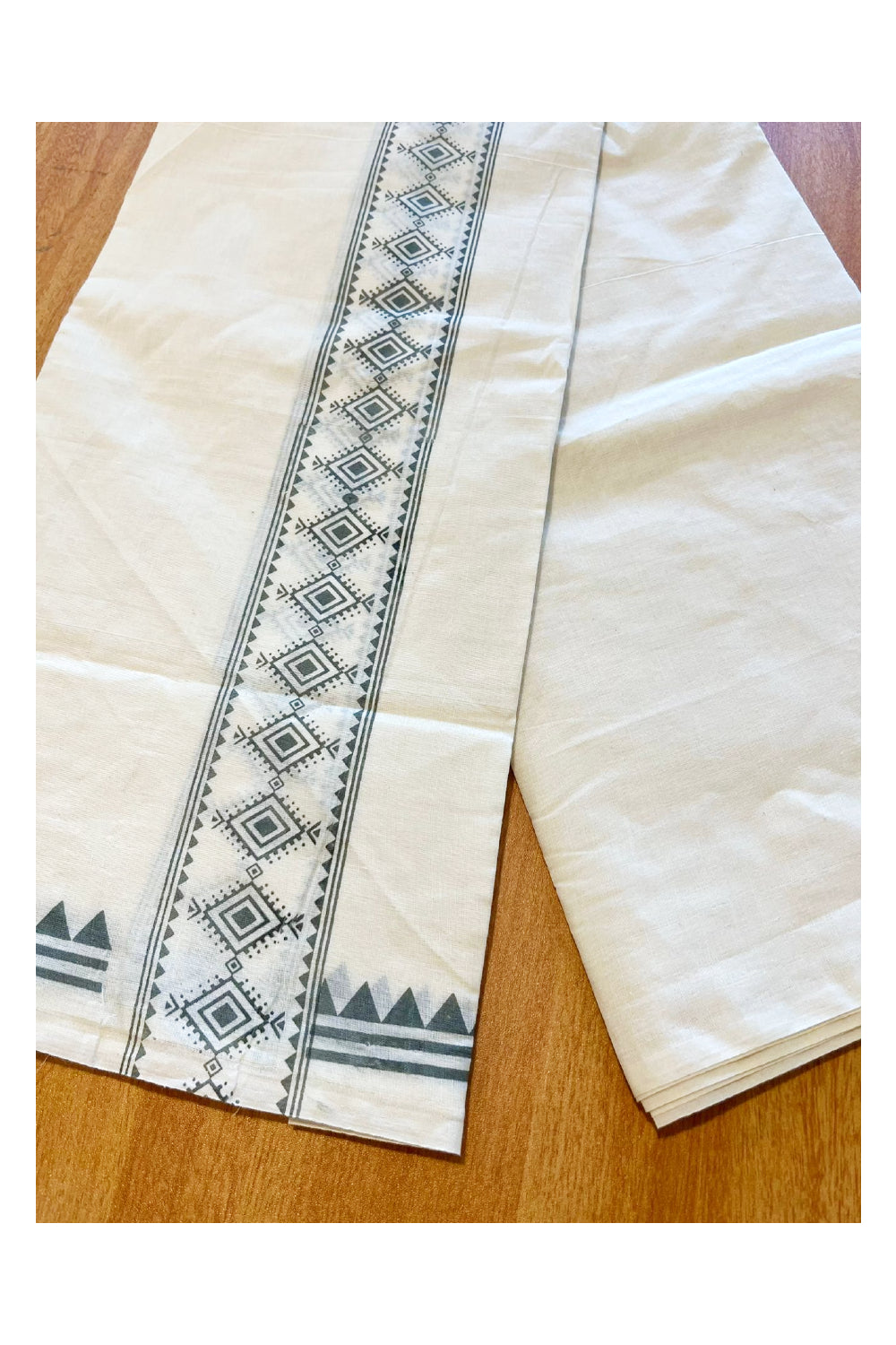 Pure Cotton Off White Double Mundu with Grey Block Prints On Border (South Indian Kerala Dhoti)