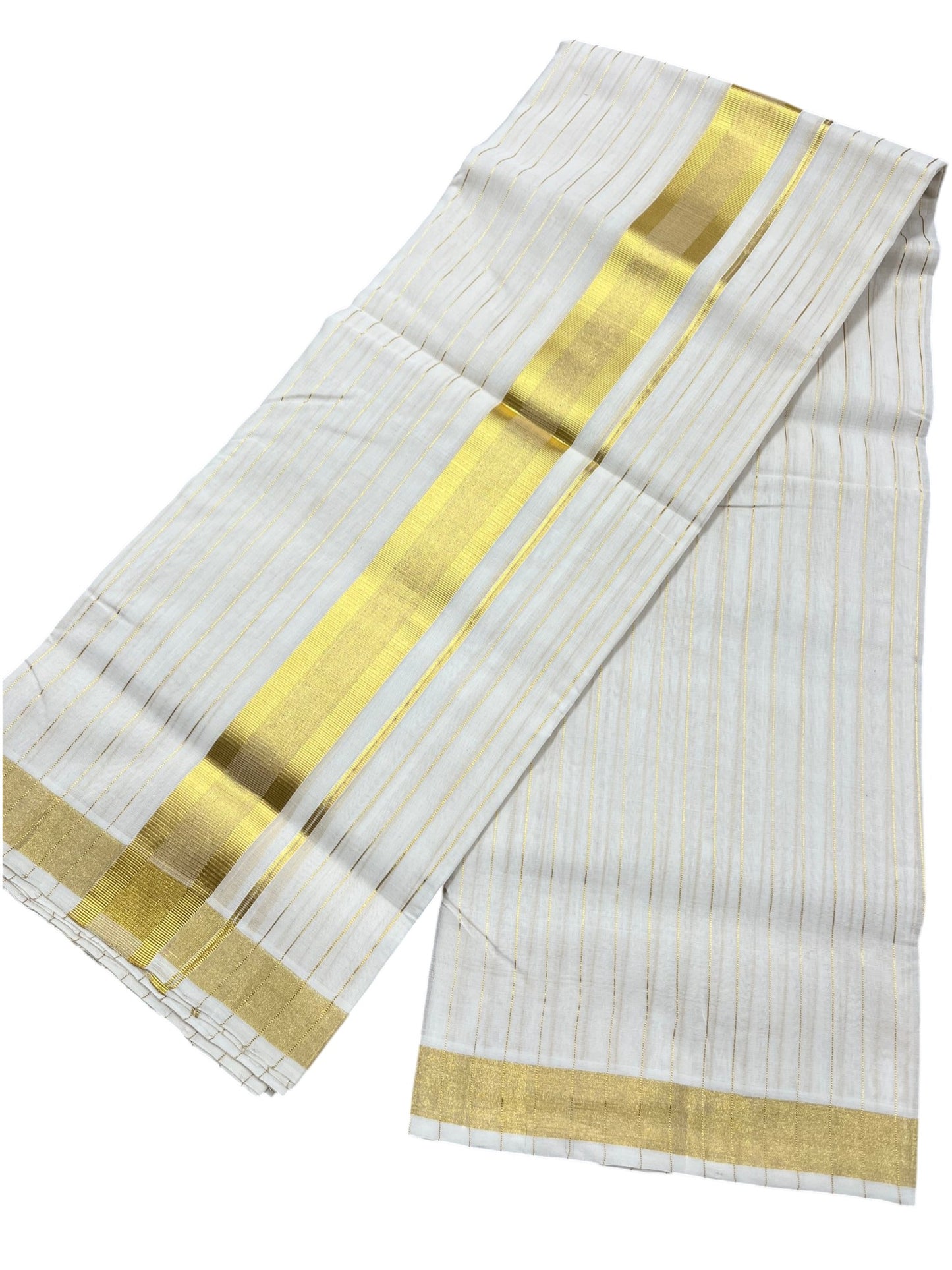 Southloom Premium Handloom Cotton Double Mundu with Gold Kasavu And Gold Lines on Body & Border
