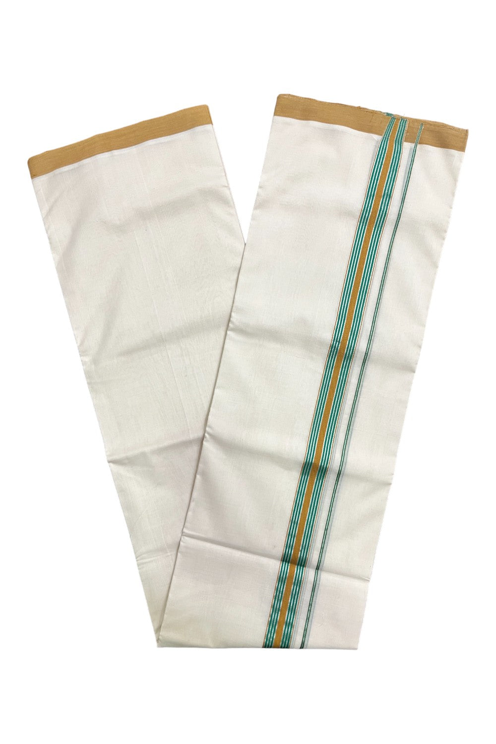 Premium Balaramapuram Handloom Unakkupaavu Cotton Double Mundu with Silver Kasavu Yellow and Green Border (Vishu 2024 Collection)