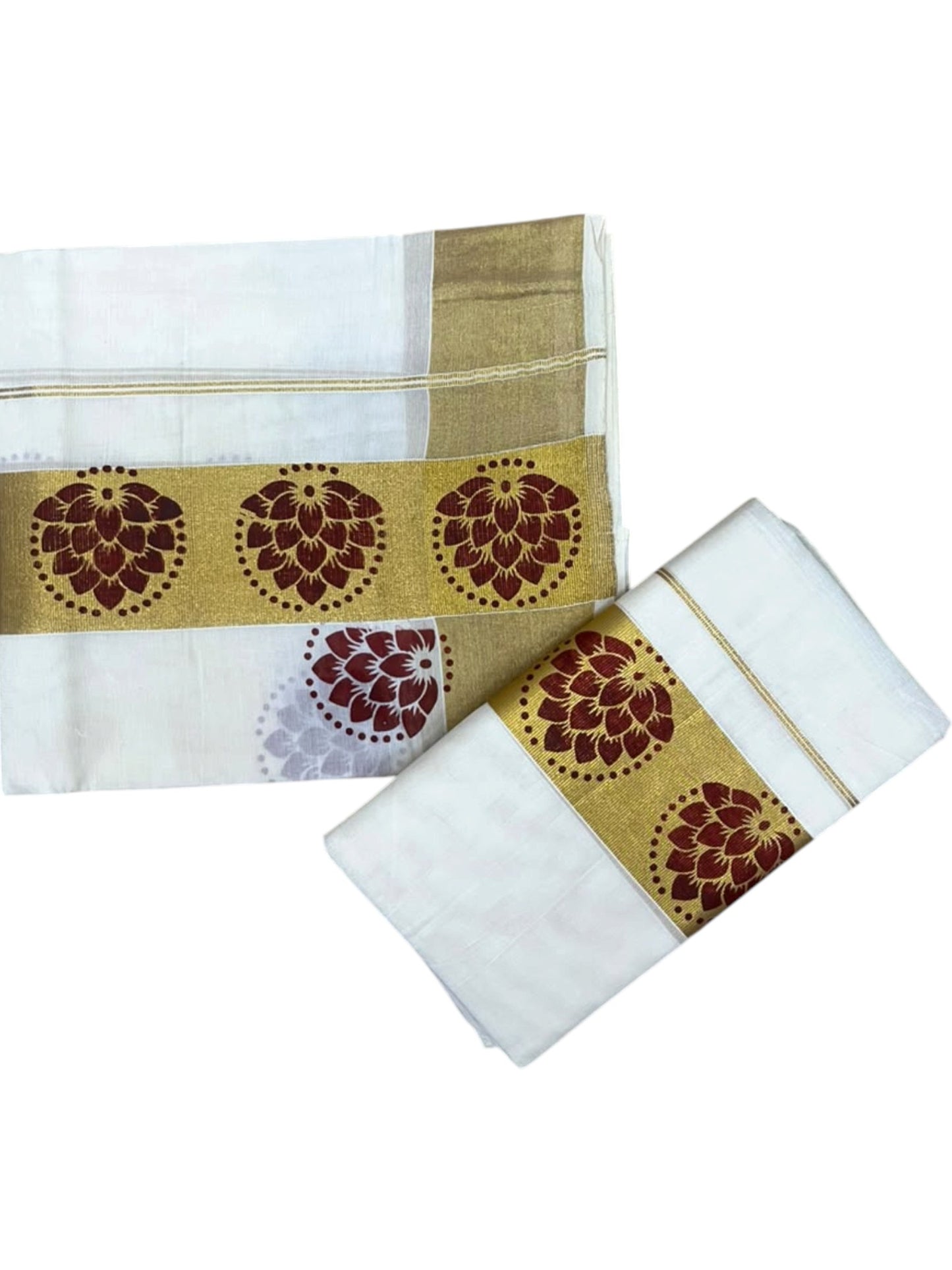 Southloom Pure Cotton Set Mundu with Gold Kasavu and Maroon Floral Digital Print in 2.80 Mtrs SL383