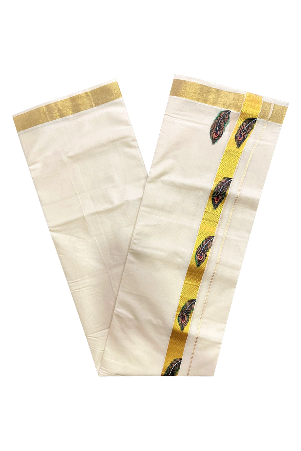 Off White Kerala Cotton Double Mundu with Feather Hand Painted Designs on Kasavu Border (Vishu 2024 Collection)