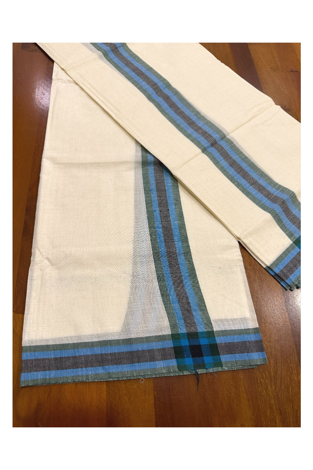 Kerala Mulloth Soft Cotton Mundum Neriyathum Single with Blue Green Black Border (Onam Set Mundu 2023)