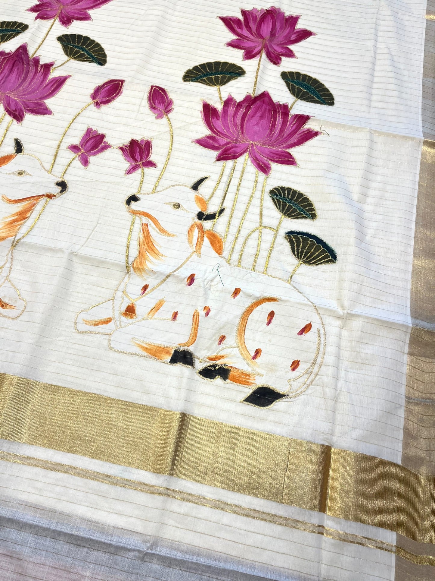 Southloom Cotton Kerala Kasavu Saree with Hand Painted Embroidery Nandi and Lotus Design