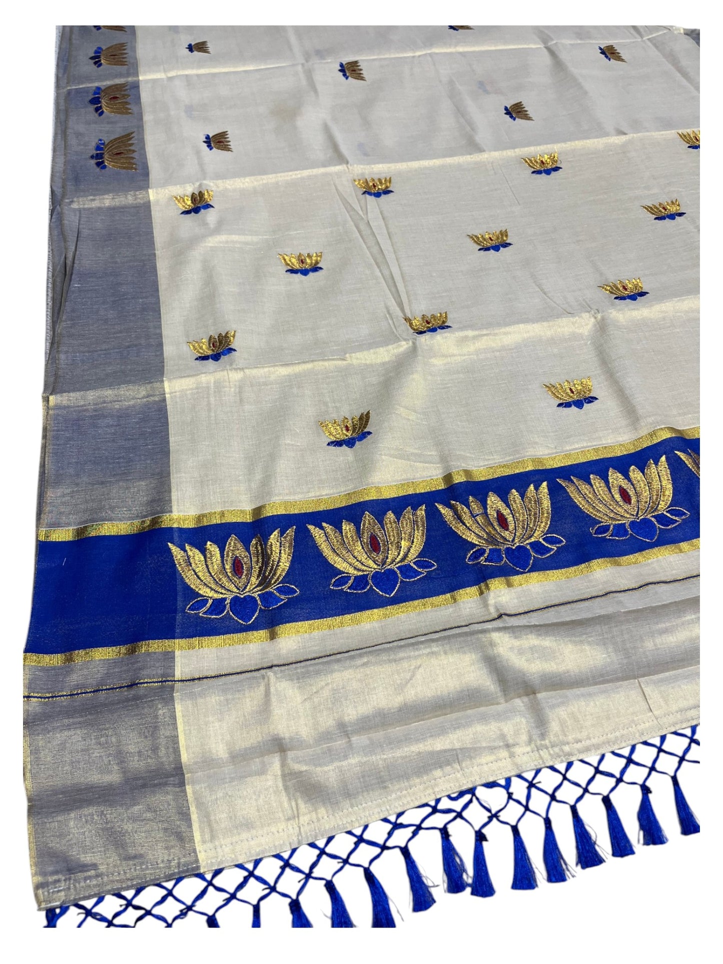 Southloom Kerala Tissue Kasavu Saree with Blue And Golden Lotus Embroidary Works on Body SL273