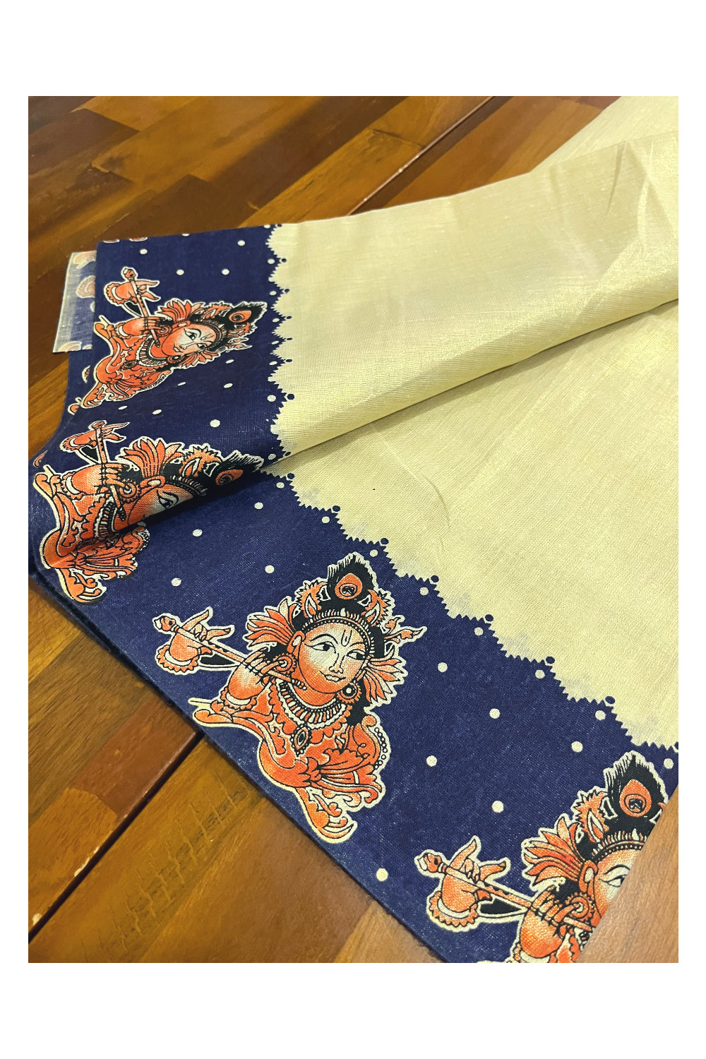 Kerala Tissue Kasavu Set Mundu (Mundum Neriyathum) with Krishna Mural Prints on Blue Border (Onam Set Mundu 2023)