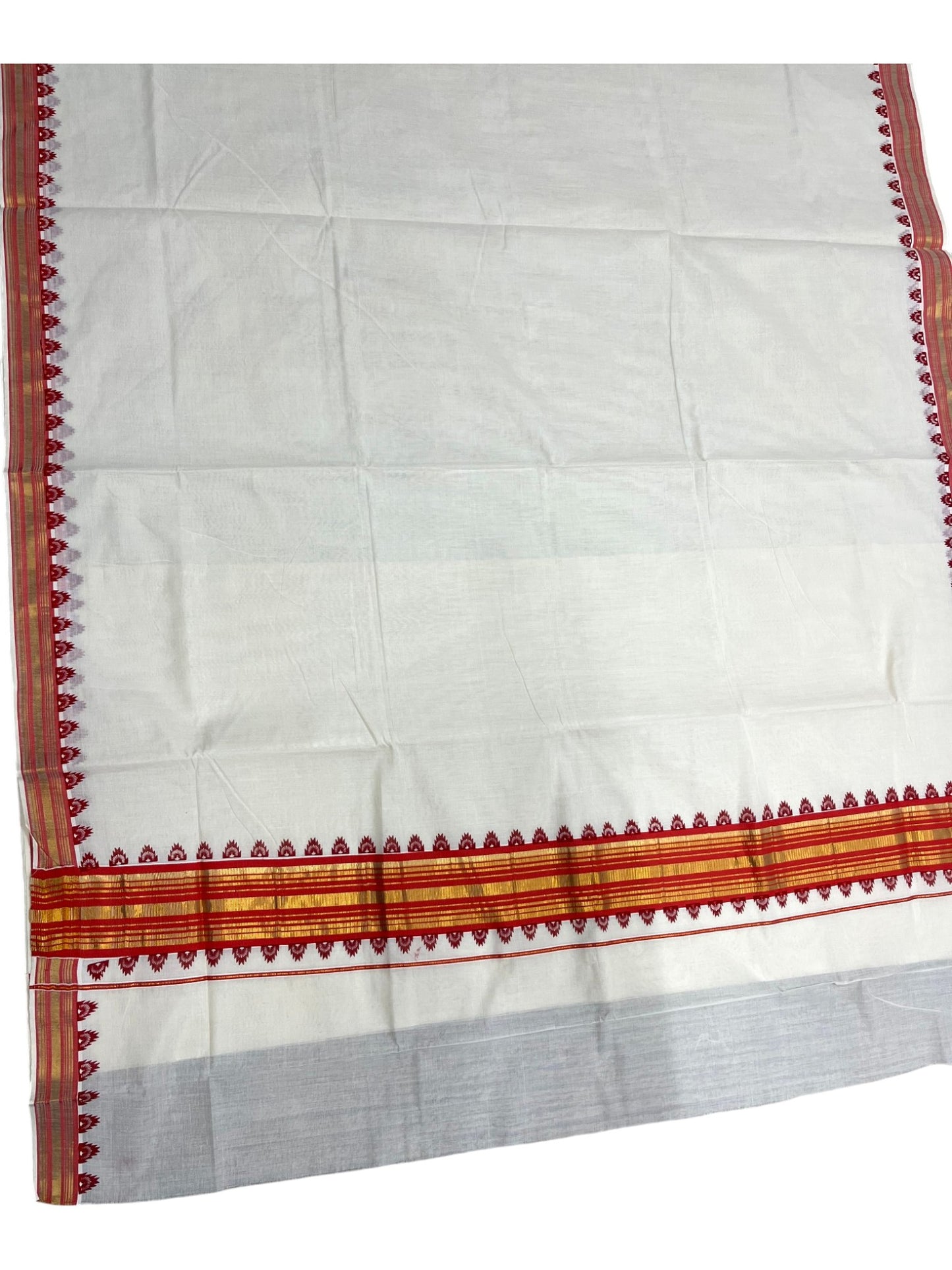 Southloom Cotton Kerala Kasavu Saree with Temple Design Border in Orange