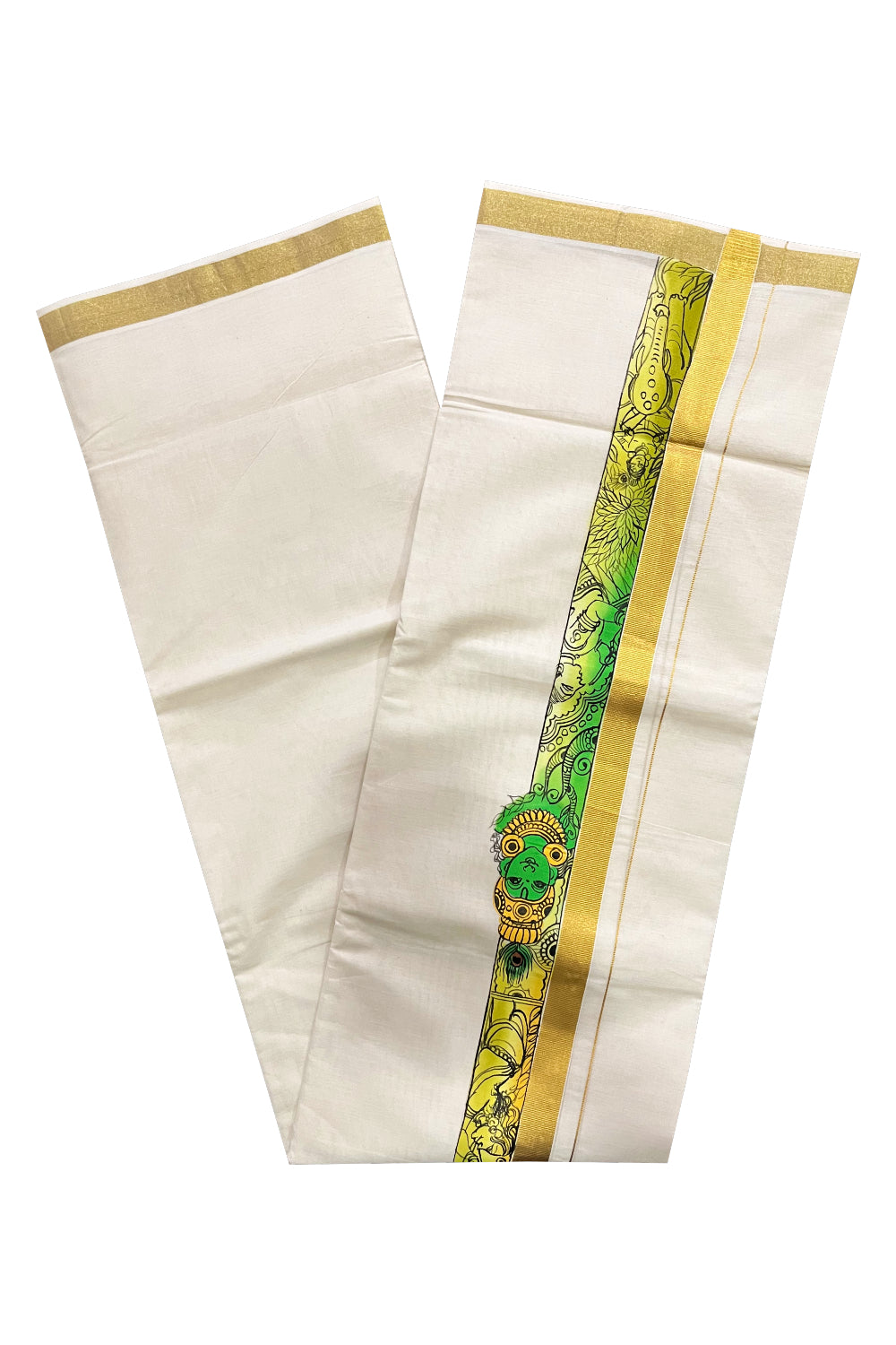 Pure Cotton Kerala Double Mundu with Krishna Hand Painted Designs on Kasavu Border (Vishu Collection 2024)