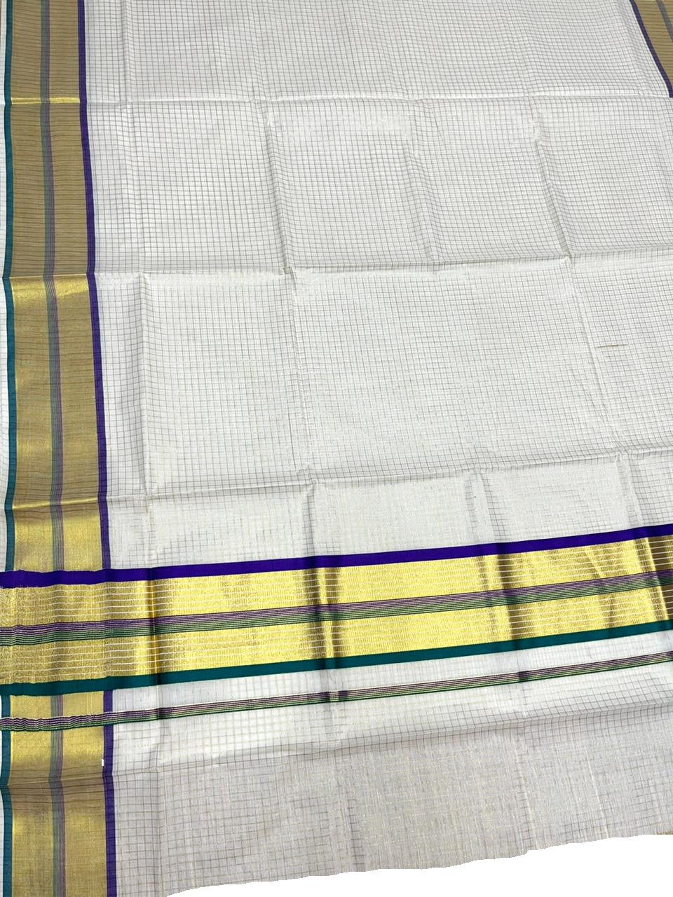 Southloom Kerala Cotton Kasavu Saree with Micro Check Design on Body in Violet & Peacock Green Border SL453