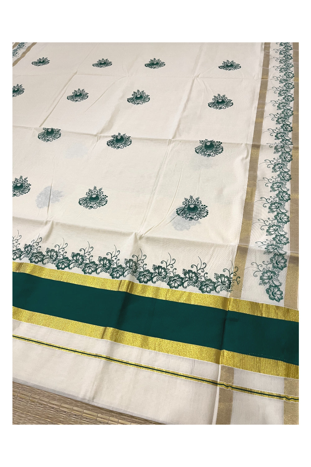 Pure Cotton Kerala Saree with Green Floral Block Printed Kasavu Border