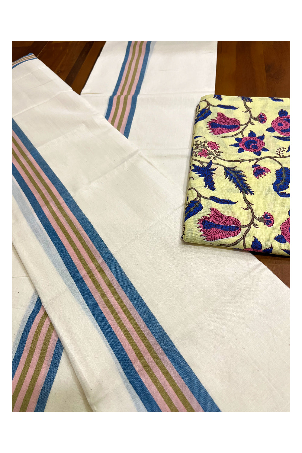 Southloom Mulloth Soft Cotton Blue Peach Border Set Mundu with Jaipur Printed Blouse Piece (2.60 M Neriyathu / Blouse 1 Meter)