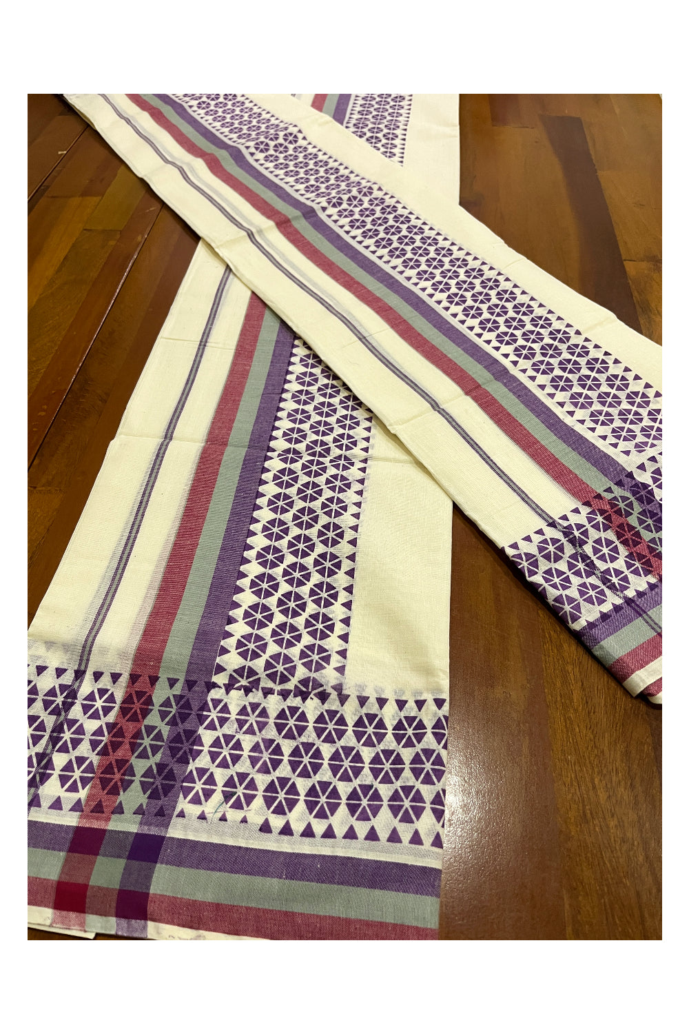 Kerala Cotton Mulloth Mundum Neriyathum Single (Set Mundu) with Violet Block Printed Border (Extra Soft Cotton)