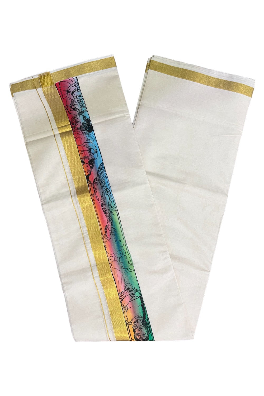 Kerala Pure Cotton Double Mundu with Mural Hand Painted Design on Kasavu Border (South Indian Kerala Dhoti)