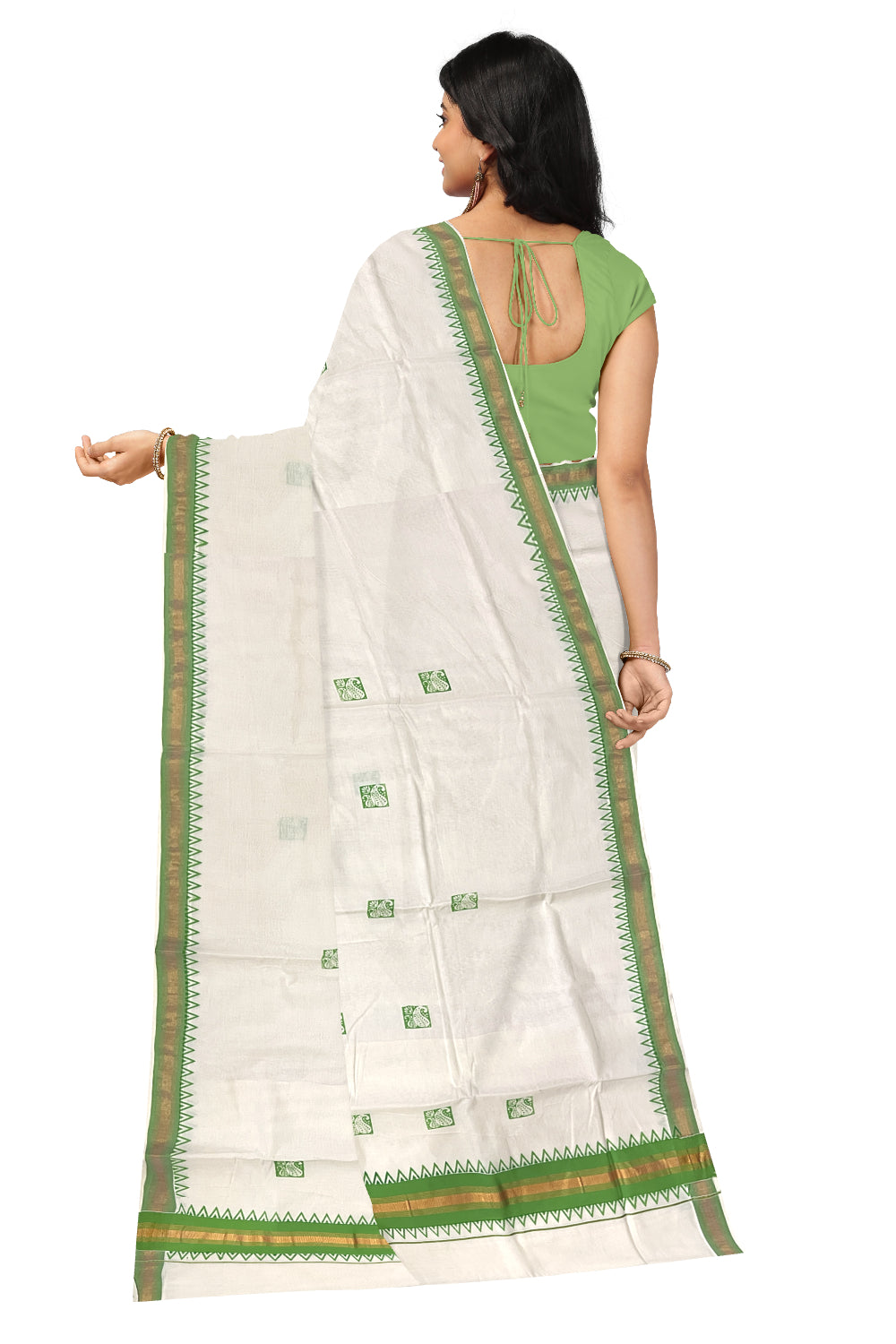 Pure Cotton Kerala Kasavu Saree with Green Temple Border and Block Prints on Body