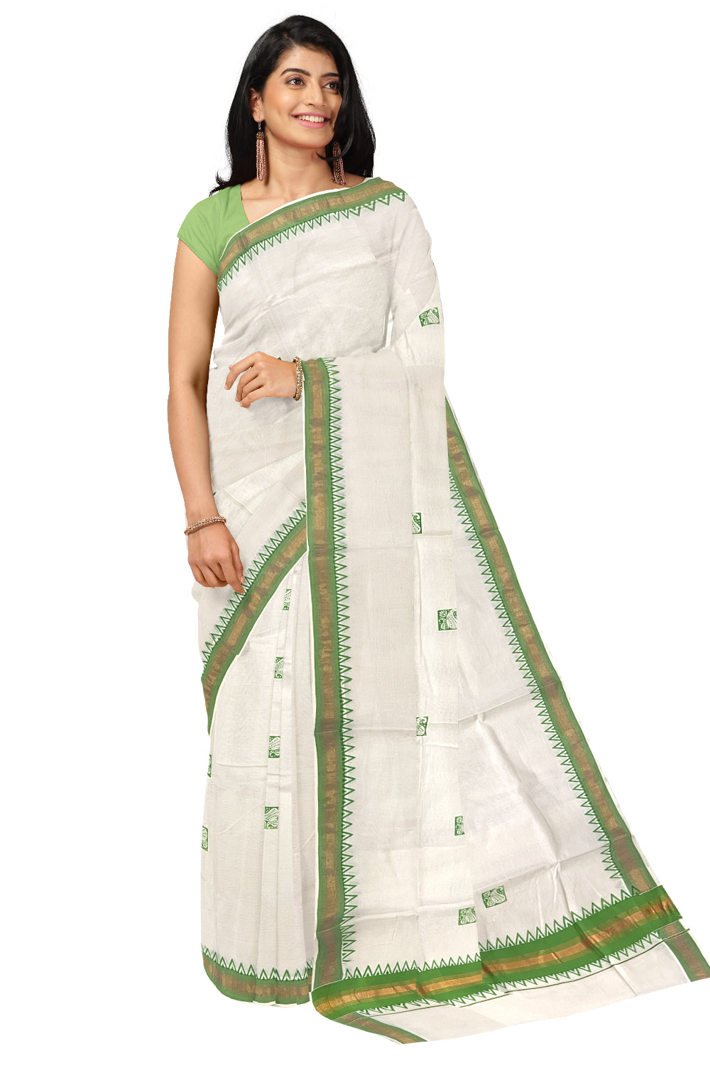 Pure Cotton Kerala Kasavu Saree with Green Temple Border and Block Prints on Body