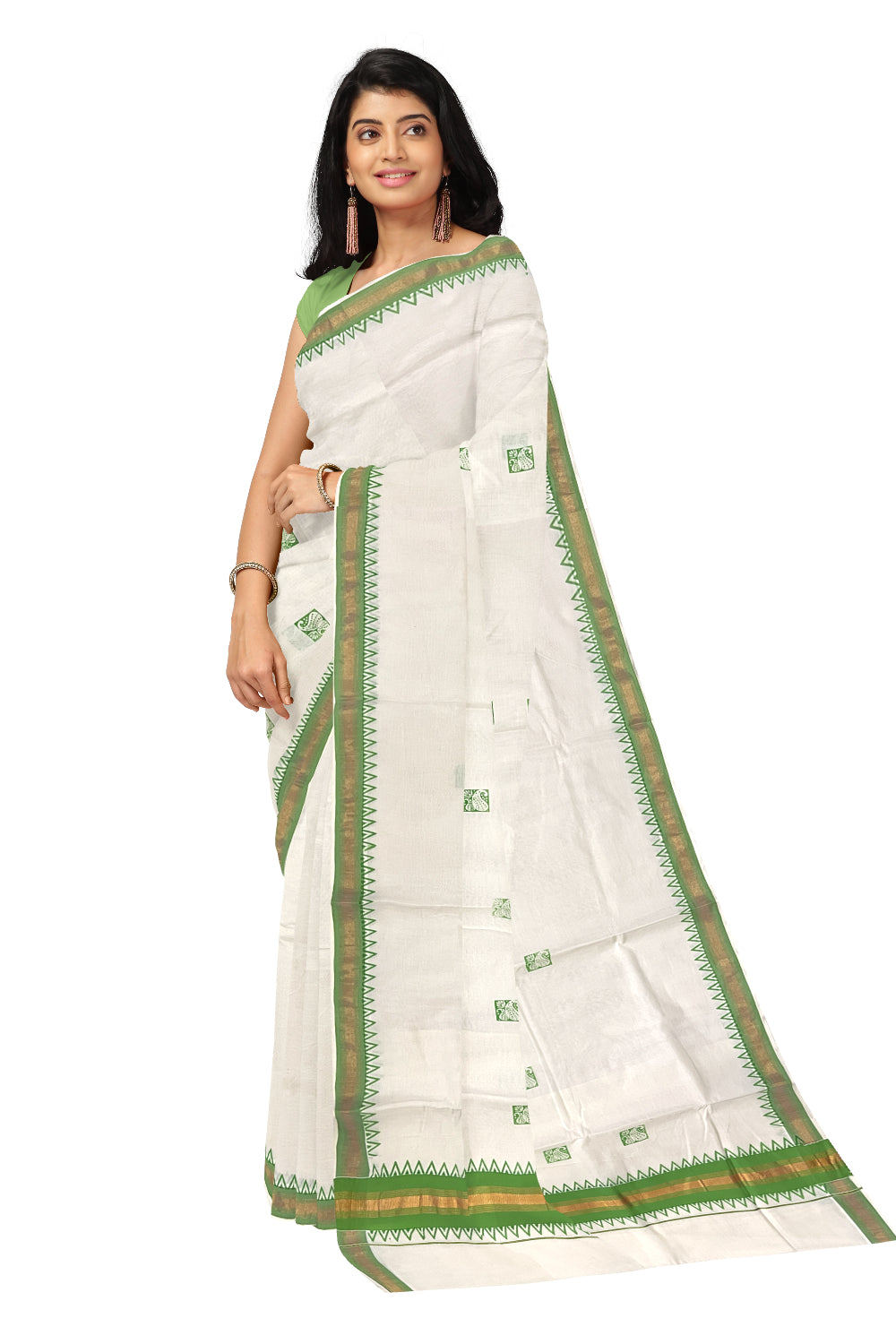 Pure Cotton Kerala Kasavu Saree with Green Temple Border and Block Prints on Body