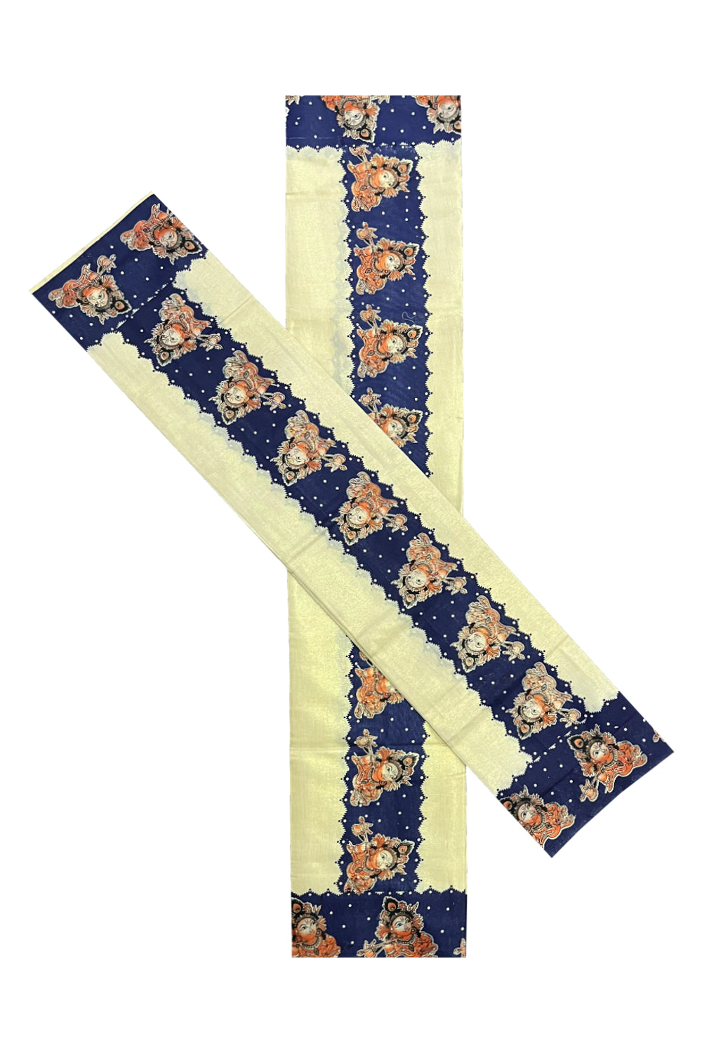 Kerala Tissue Kasavu Set Mundu (Mundum Neriyathum) with Krishna Mural Prints on Blue Border (Onam Set Mundu 2023)