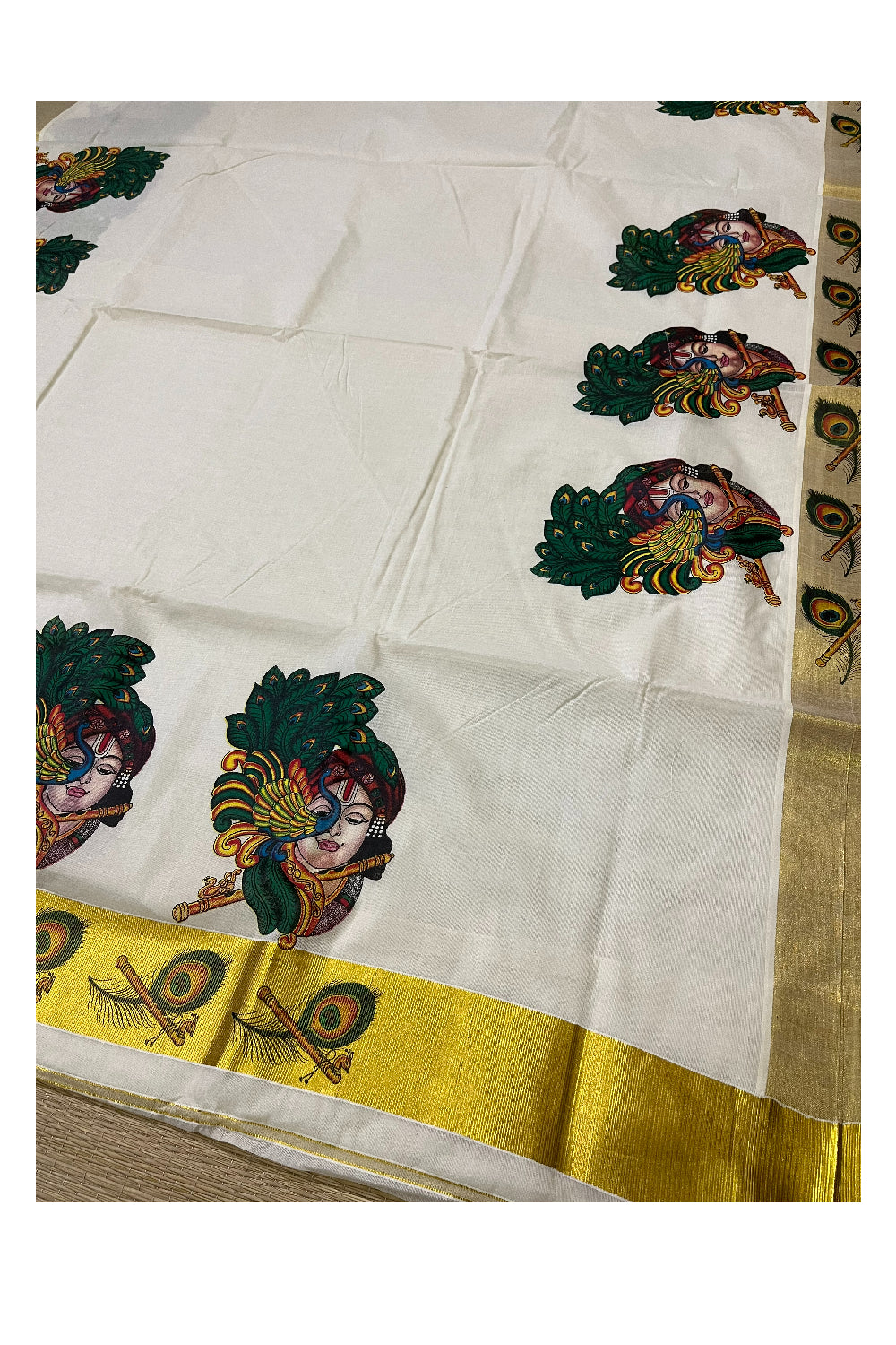 Pure Cotton Kerala Kasavu Saree with Krishna and Peacock Mural Printed Design (Onam Saree 2023)