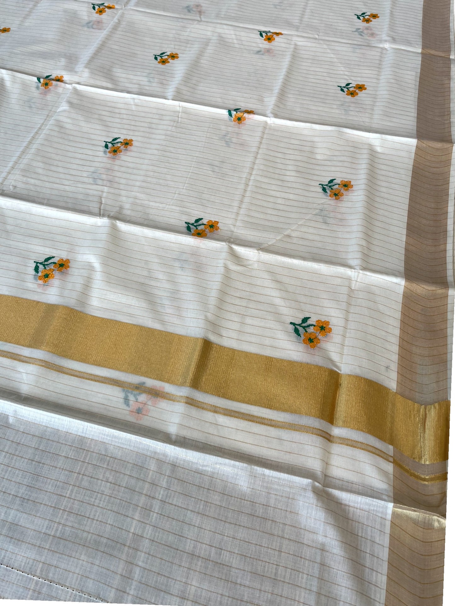 Southloom Kerala Cotton Kasavu Stripes Saree with Yellow Floral Embroidery Work