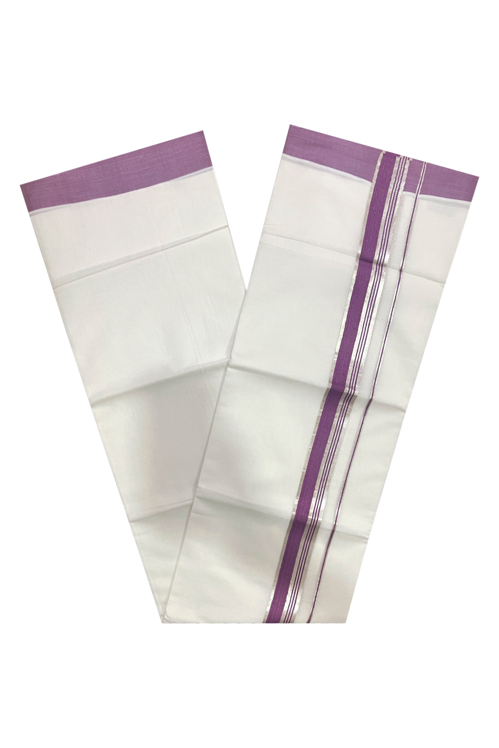 Pure White Cotton Double Mundu with Violet and Silver Kasavu Border (South Indian Kerala Dhoti)