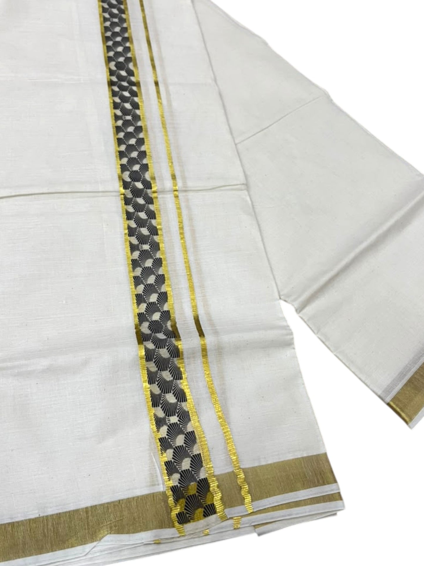 Southloom Pure Cotton Double Mundu with Blue Block Printed And Ksavu Border (South Indian Kerala Dhoti)
