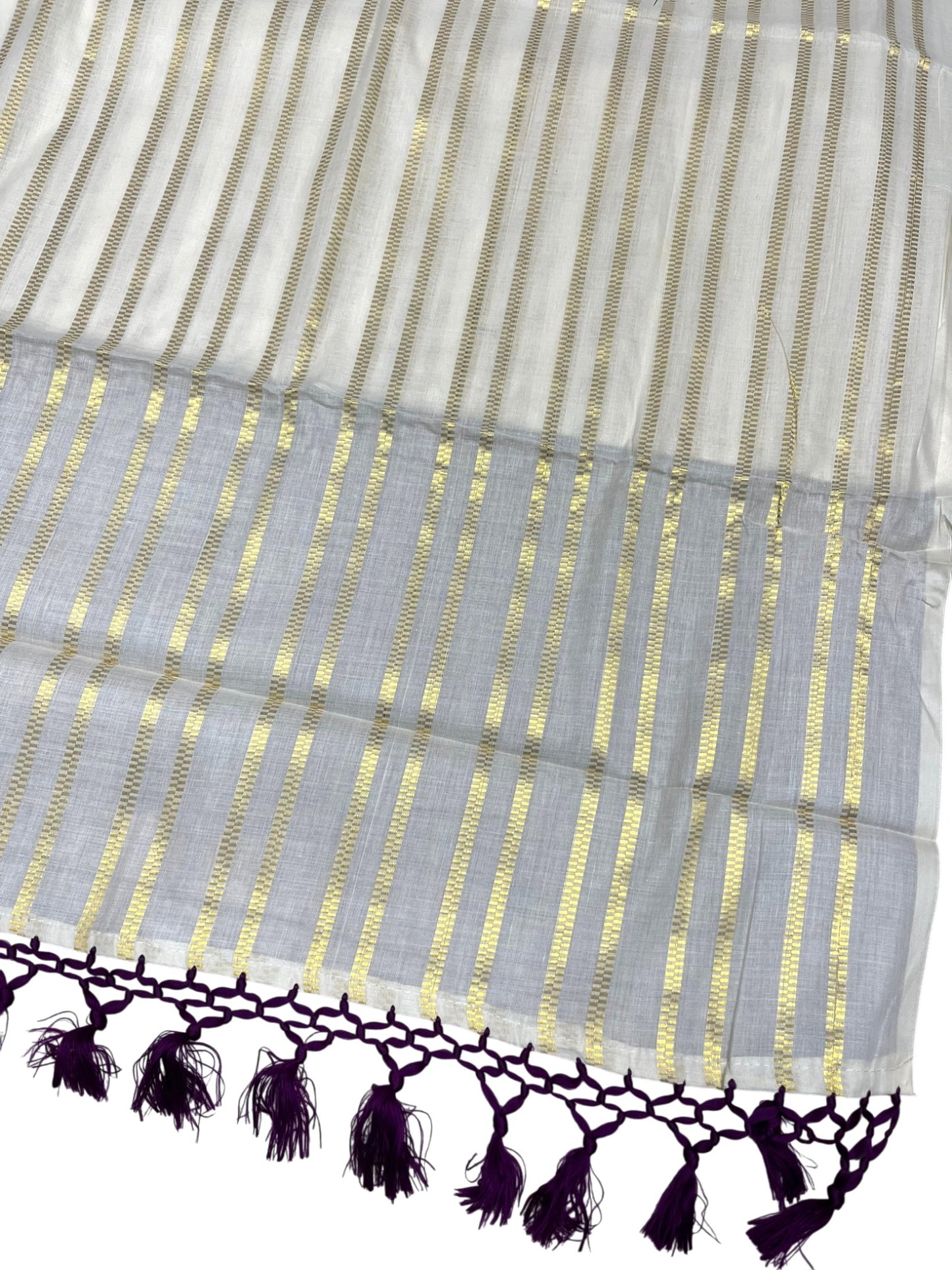 Southloom Cotton Kerala Kasavu Saree with Stripes on Body and Purple Tussels