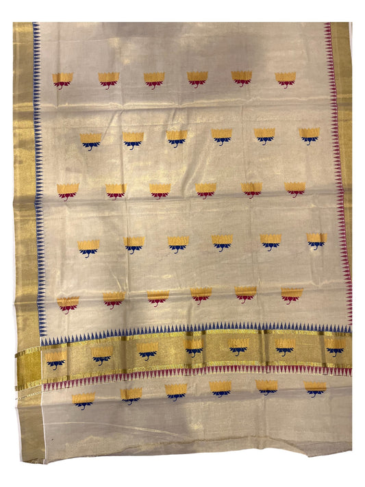 Southloom Kerala Tissue Kasavu Saree with Lotus Hand Printed Work in Blue&Maroon