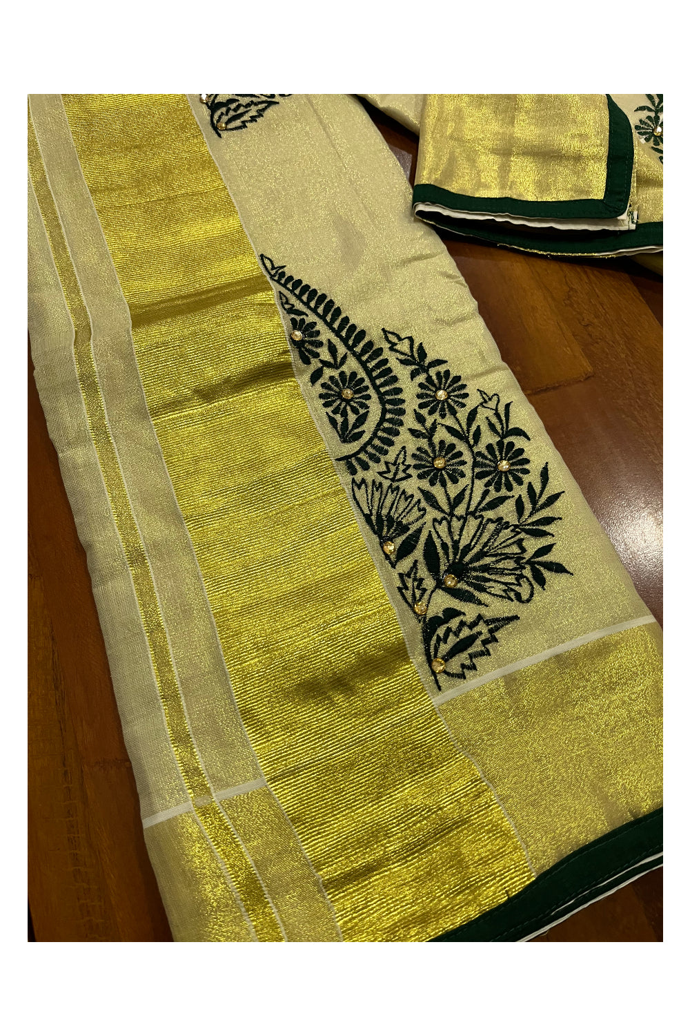 Kerala Tissue Kasavu Set Mundu (Mundum Neriyathum) with Handwork Embroidery Design and Green Blouse Piece