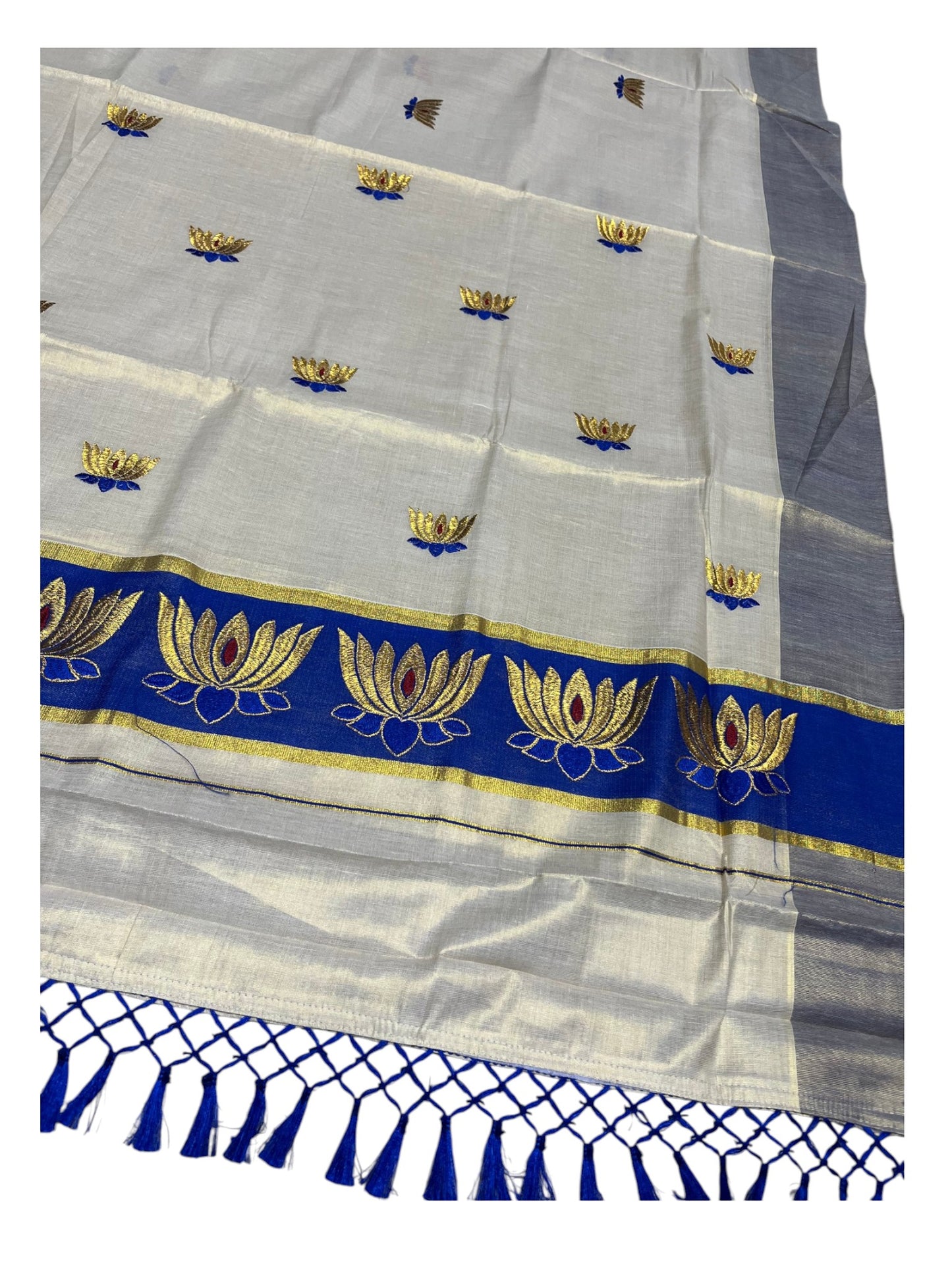 Southloom Kerala Tissue Kasavu Saree with Blue And Golden Lotus Embroidary Works on Body SL273