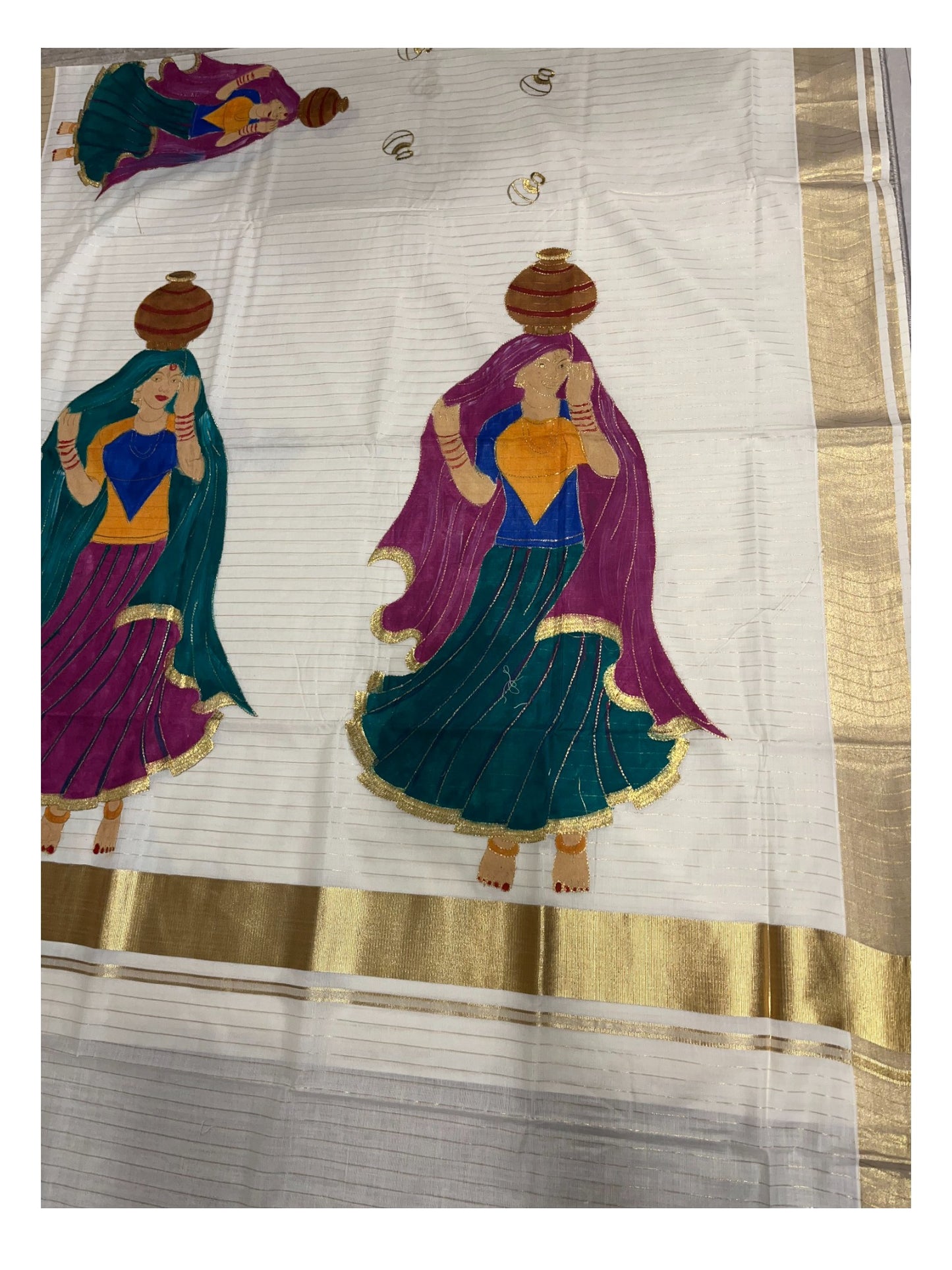 Southloom Kerala Cotton Kasavu Line Saree with Hand Painted &Embroidery Design