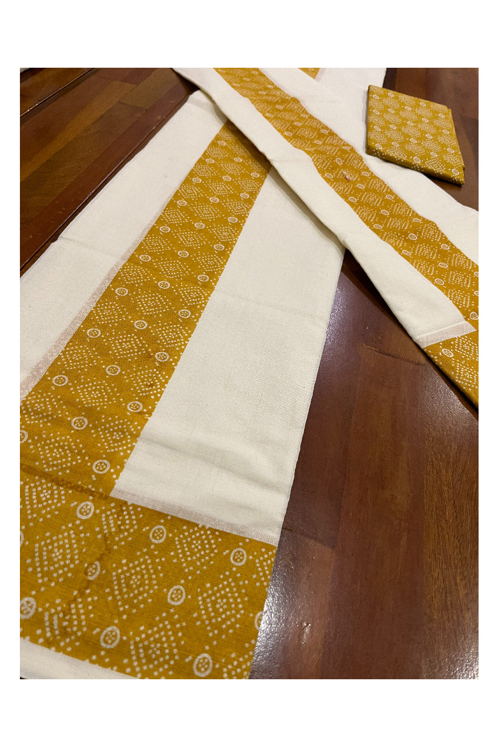 Kerala Cotton Set Mundu (Mundum Neriyathum) with Yellow Block Prints and Seperate Blouse Piece (Onam Set Mundu 2023)