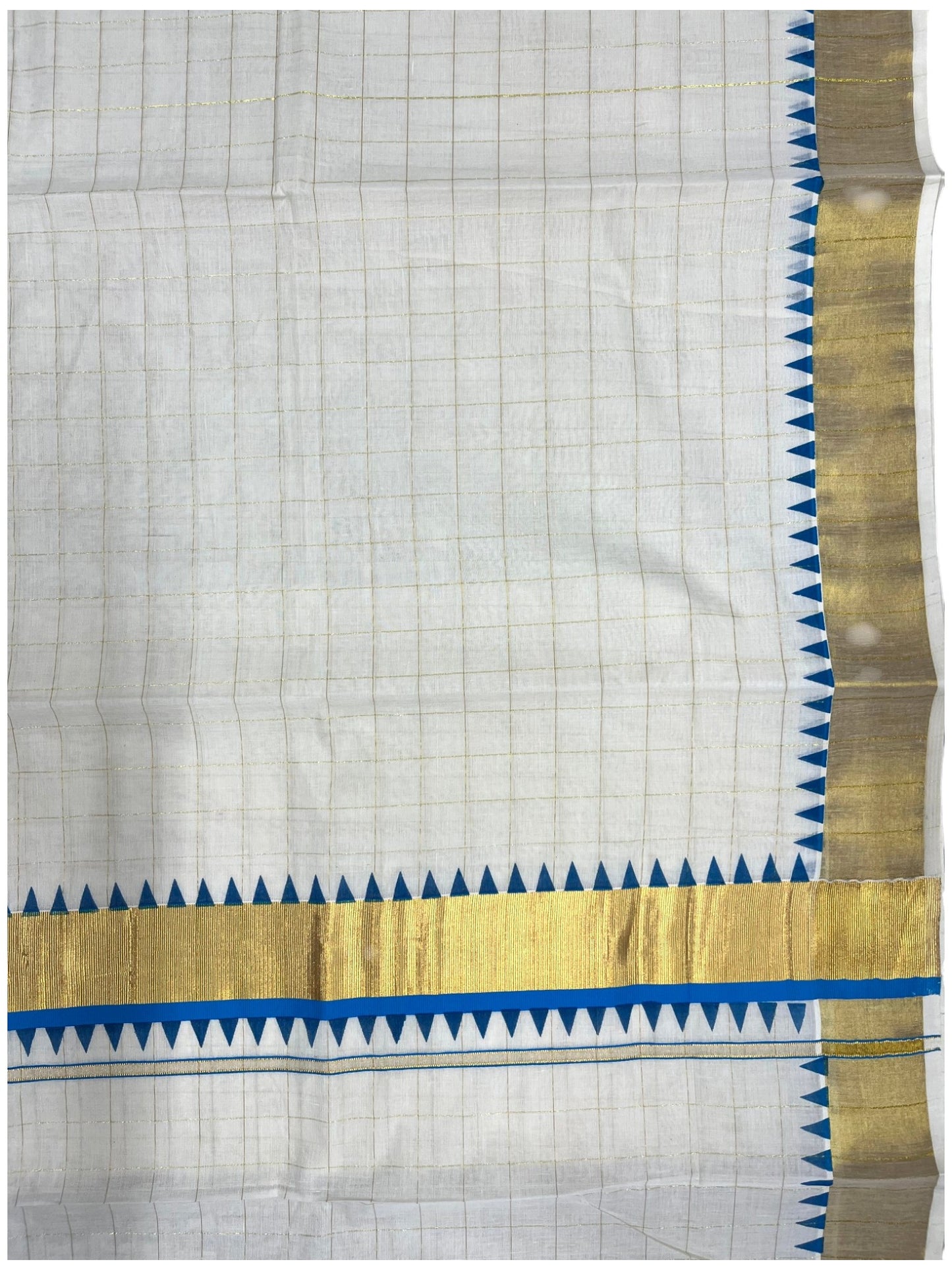 Southloom Cotton Kerala Kasavu Check Saree with Blue Temple Design Border