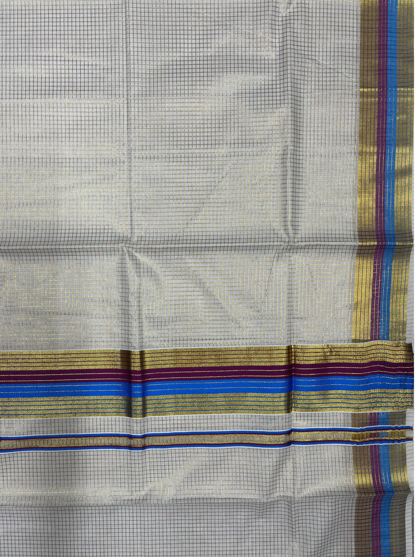 Southloom Kerala Cotton Kasavu Saree with Micro Check Design on Body in Blue & Purple Border