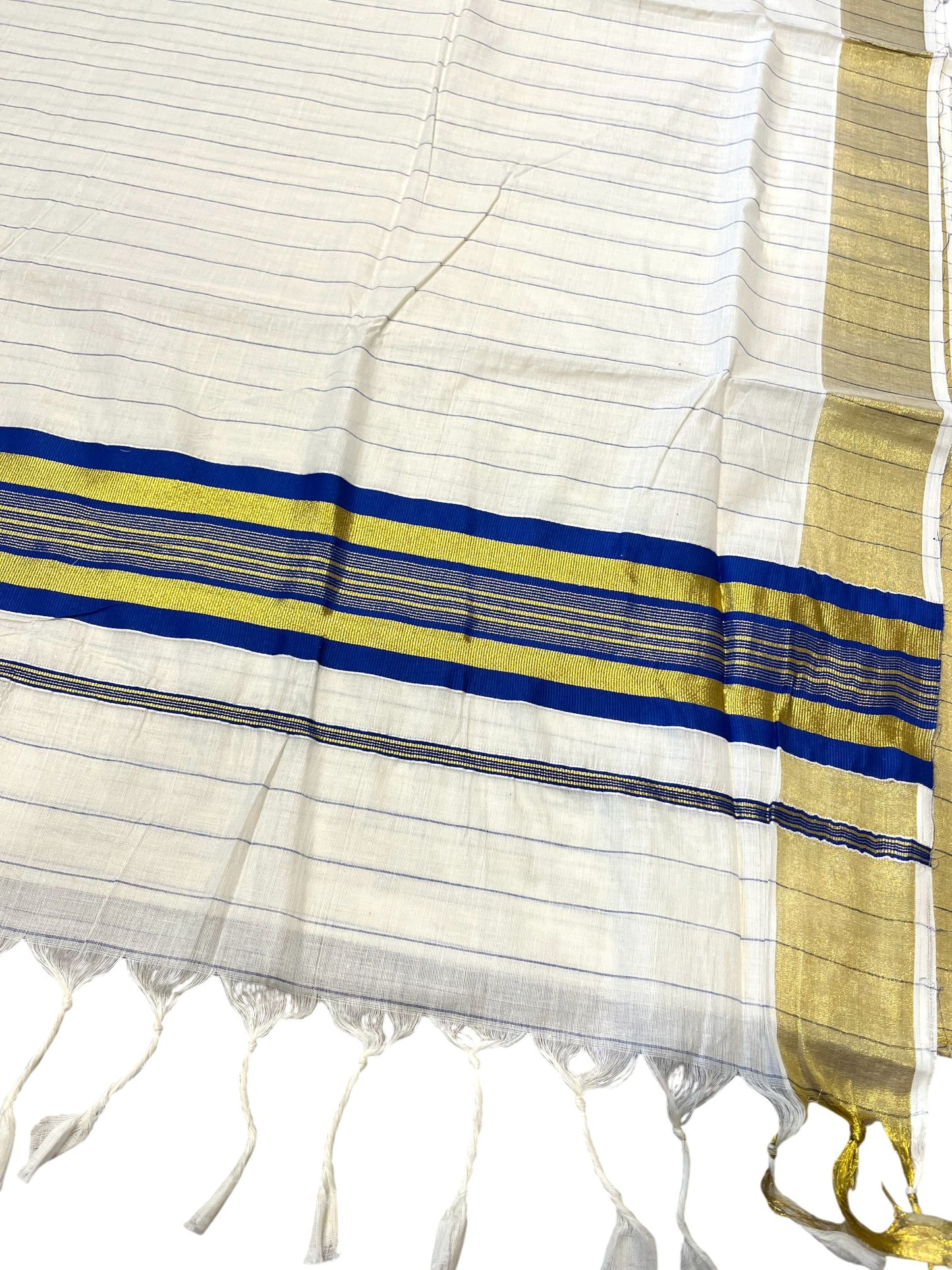 Southloom Kerala Cotton Kasavu Saree with Gold And Blue Lines on Body SL331