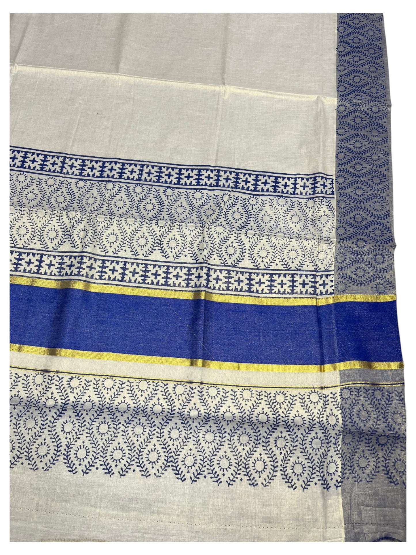 Southloom Tissue Kerala Kasavu Saree with Block Print on Body and Borders in Blue