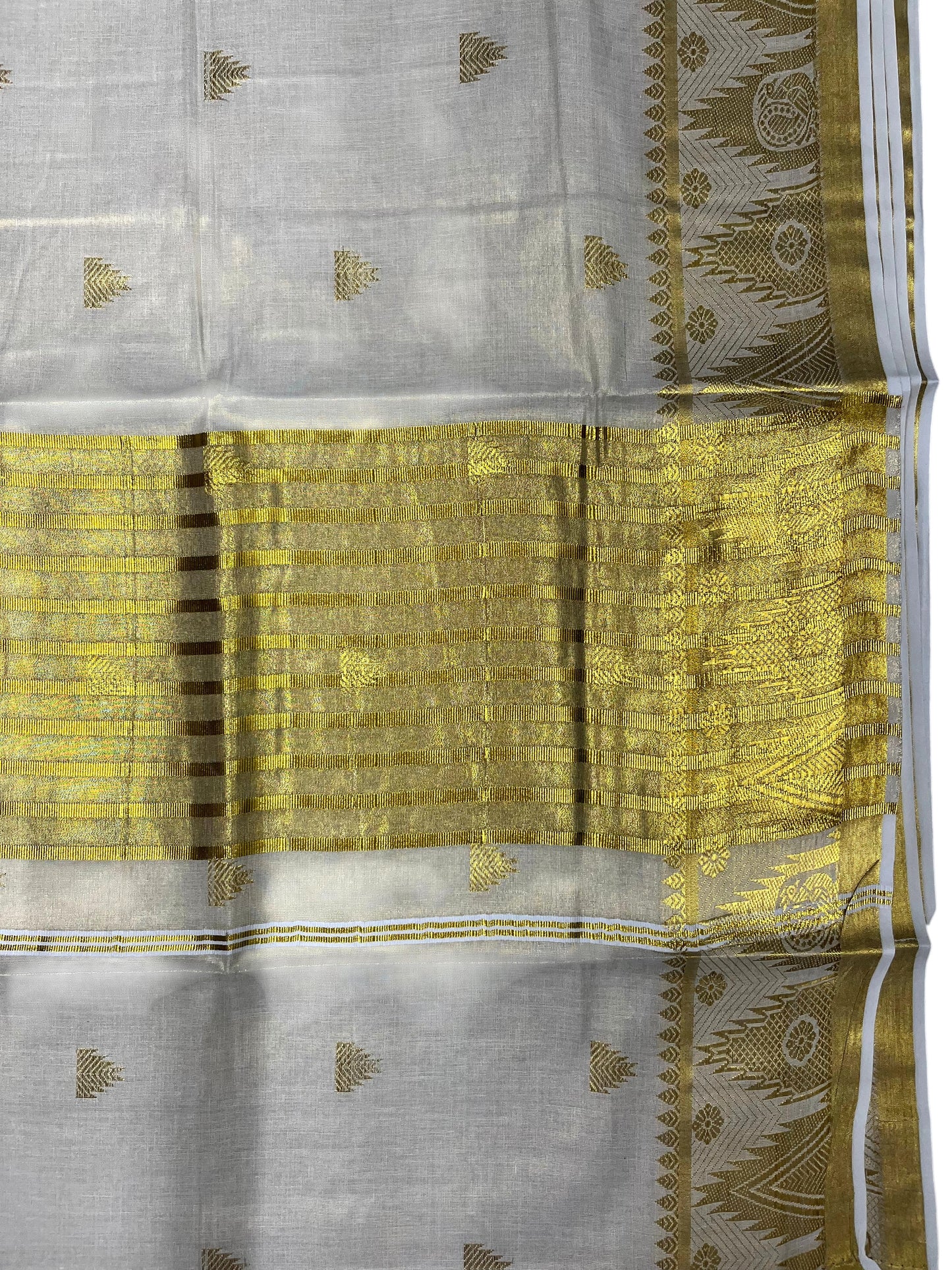 Southloom Tissue Kerala Kasavu Saree with Tample Woven Work on Body and Temple Border with Peacock Design
