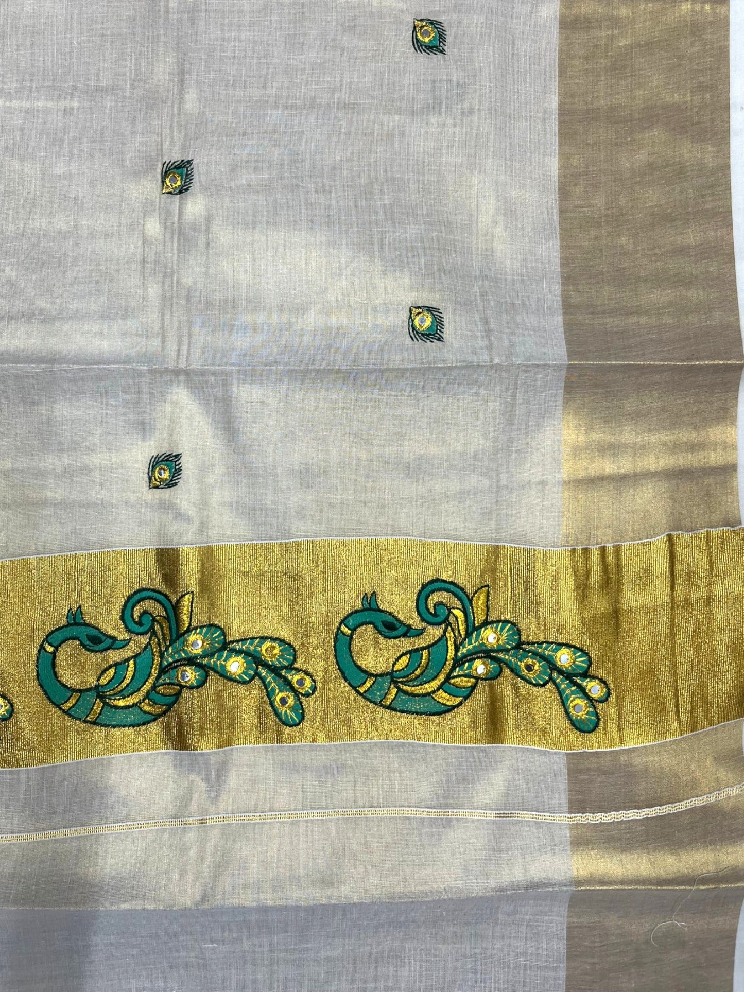 Southloom Kerala Tissue Kasavu Saree with Green Peacock Embroidery Design