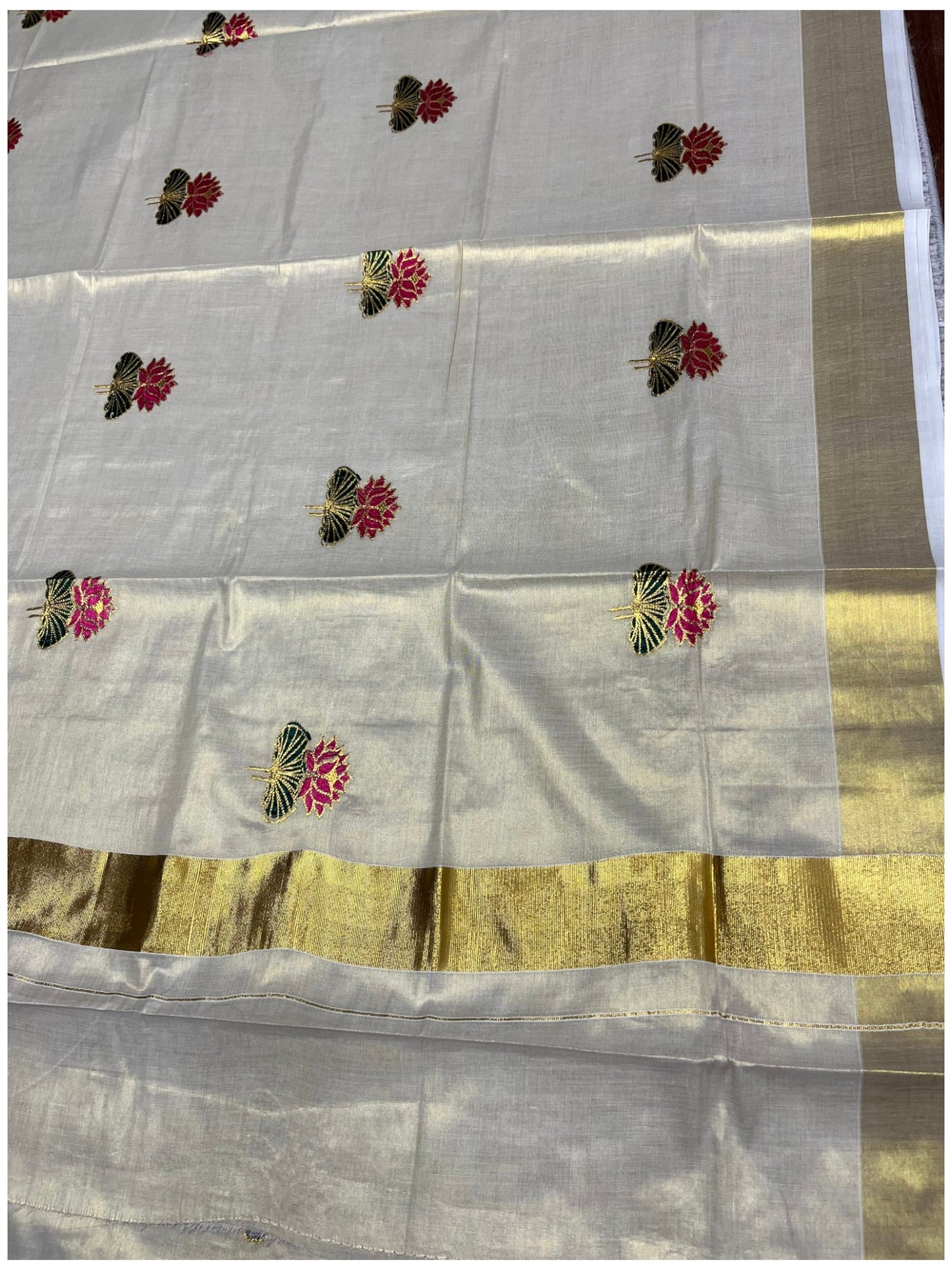 Southloom Lotus Pink and Green Embroidery Tissue Plain Kerala Saree SL289