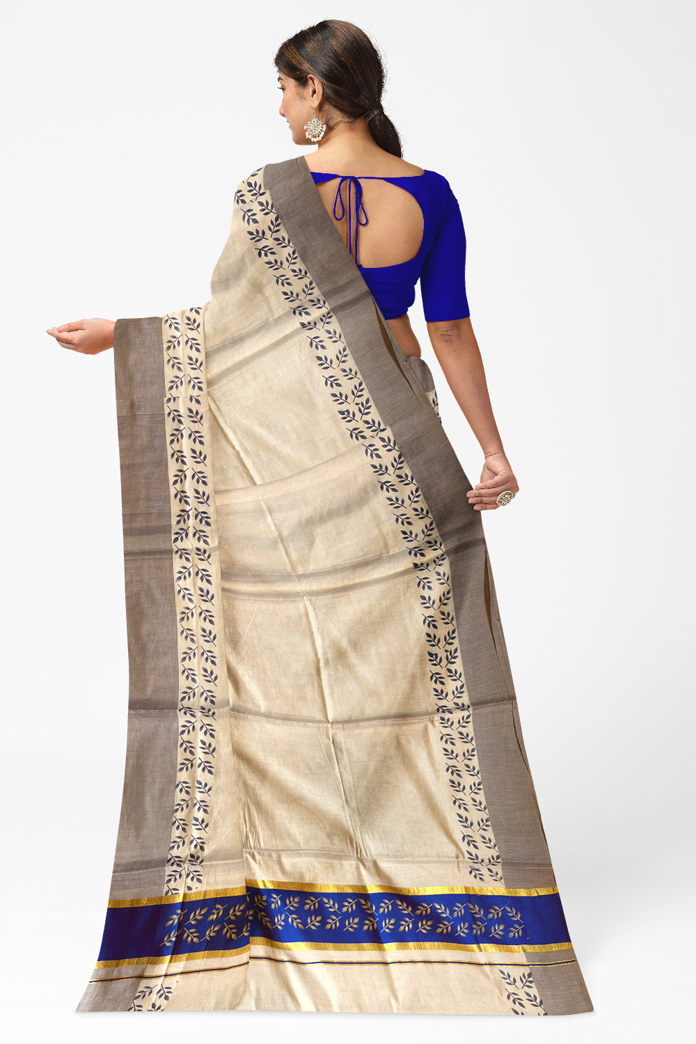 Kerala Tissue Kasavu Saree with Golden and Blue Block Prints on Border and Tassels Works