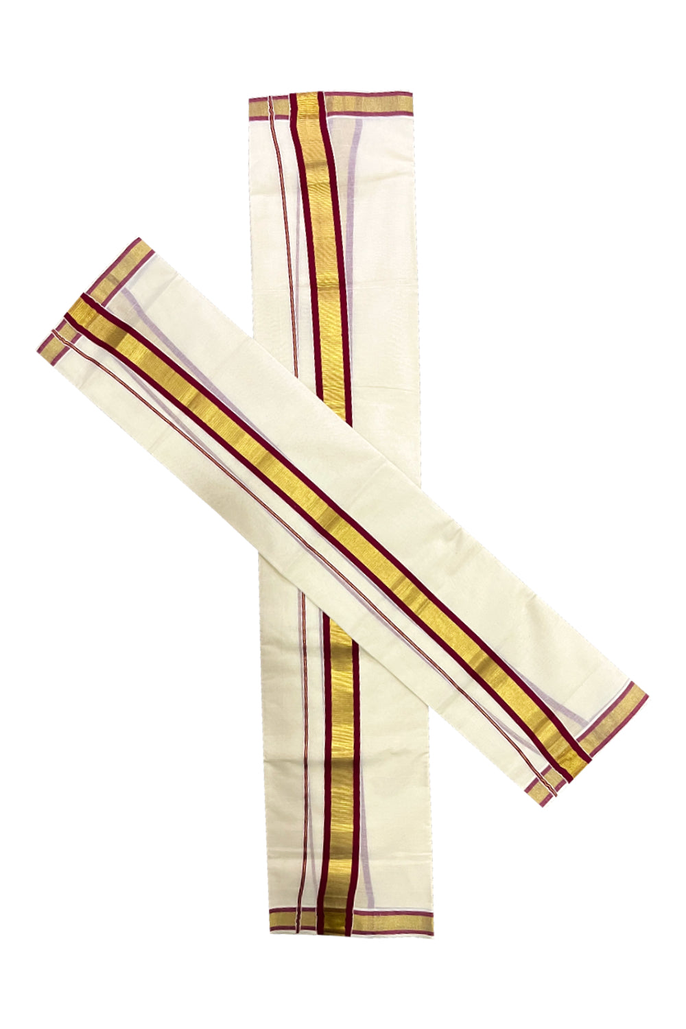 Pure Cotton Mundum Neriyathum Double (Set Mundu) with Maroon and Kasavu Border 2.80 Mtrs